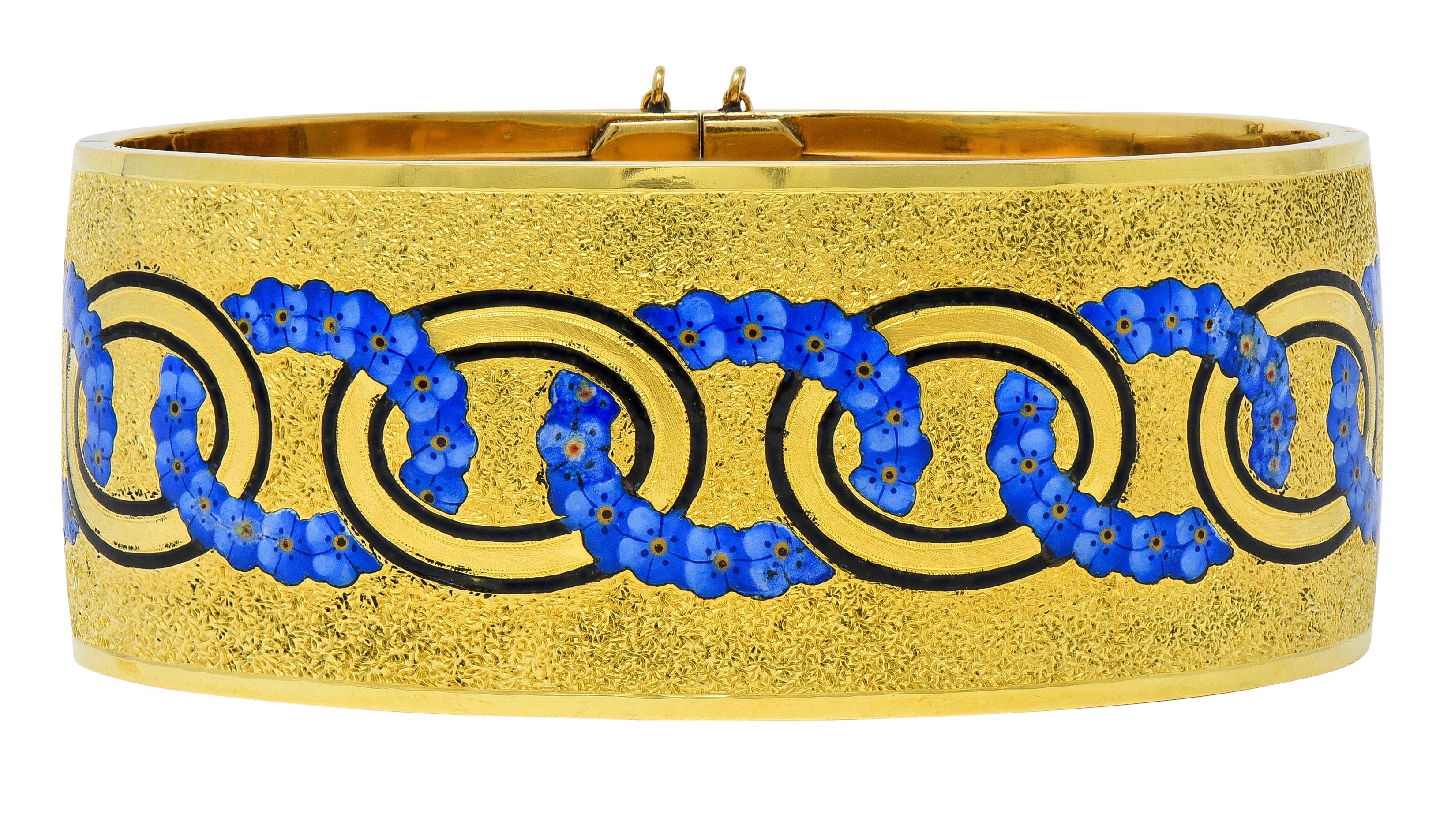 Victorian Enamel 18 Karat Yellow Gold Antique Forget-Me-Not Bangle Bracelet
