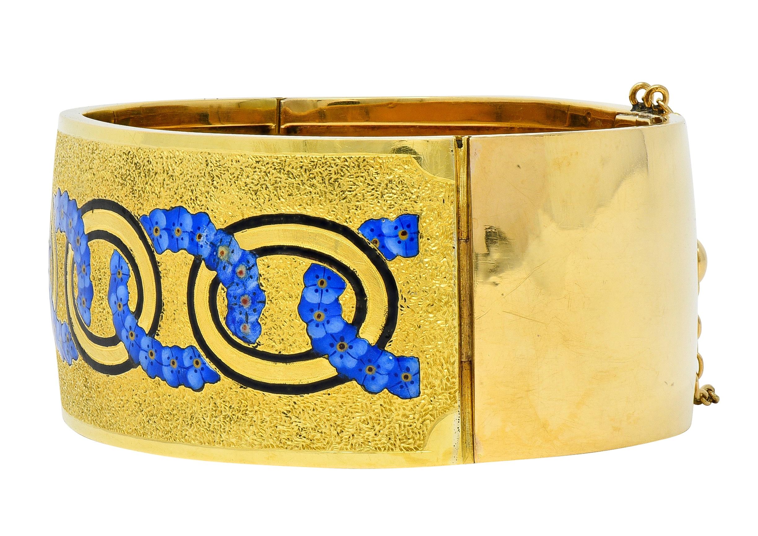Victorian Enamel 18 Karat Yellow Gold Antique Forget-Me-Not Bangle Bracelet