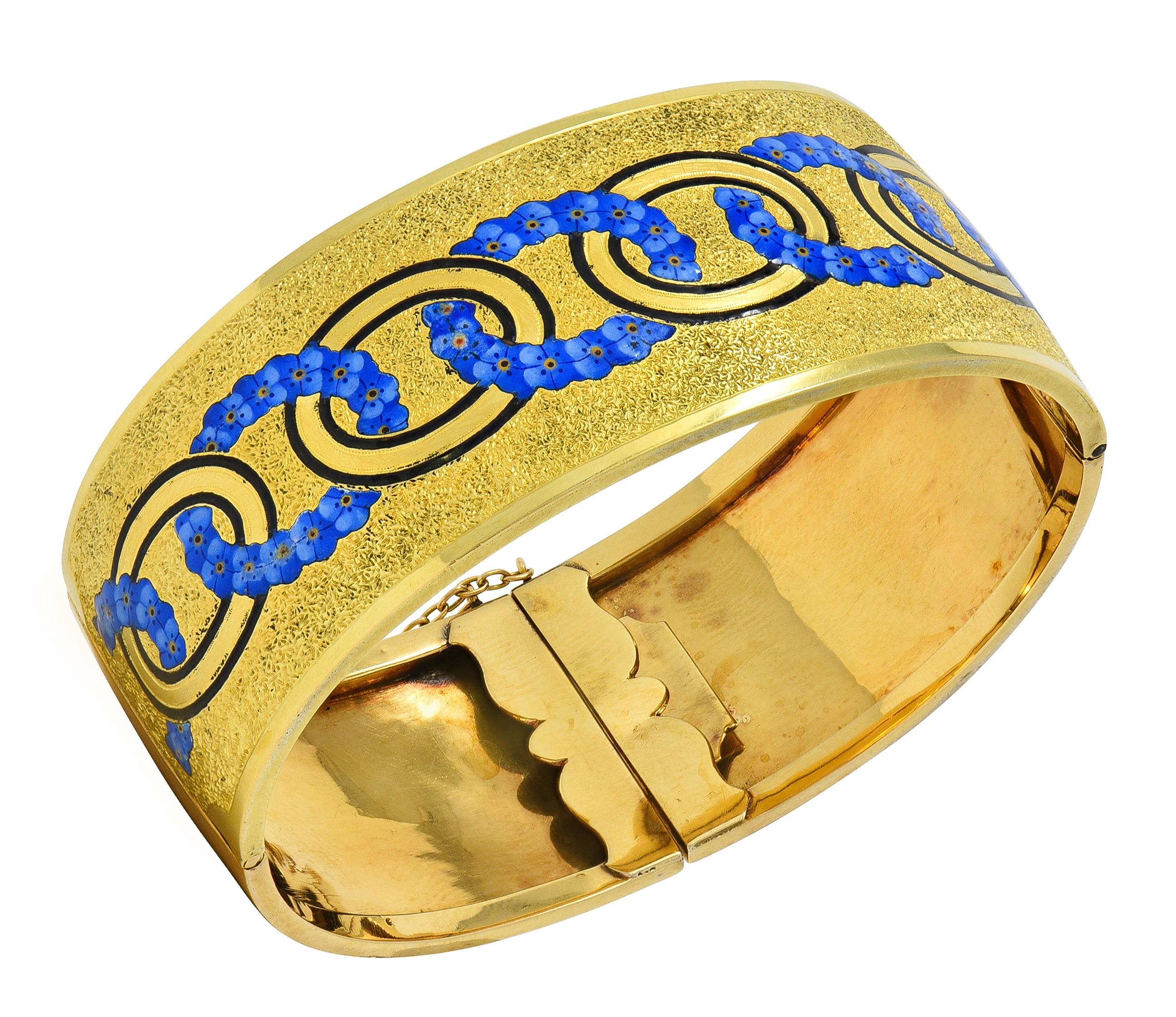 Victorian Enamel 18 Karat Yellow Gold Antique Forget-Me-Not Bangle Bracelet