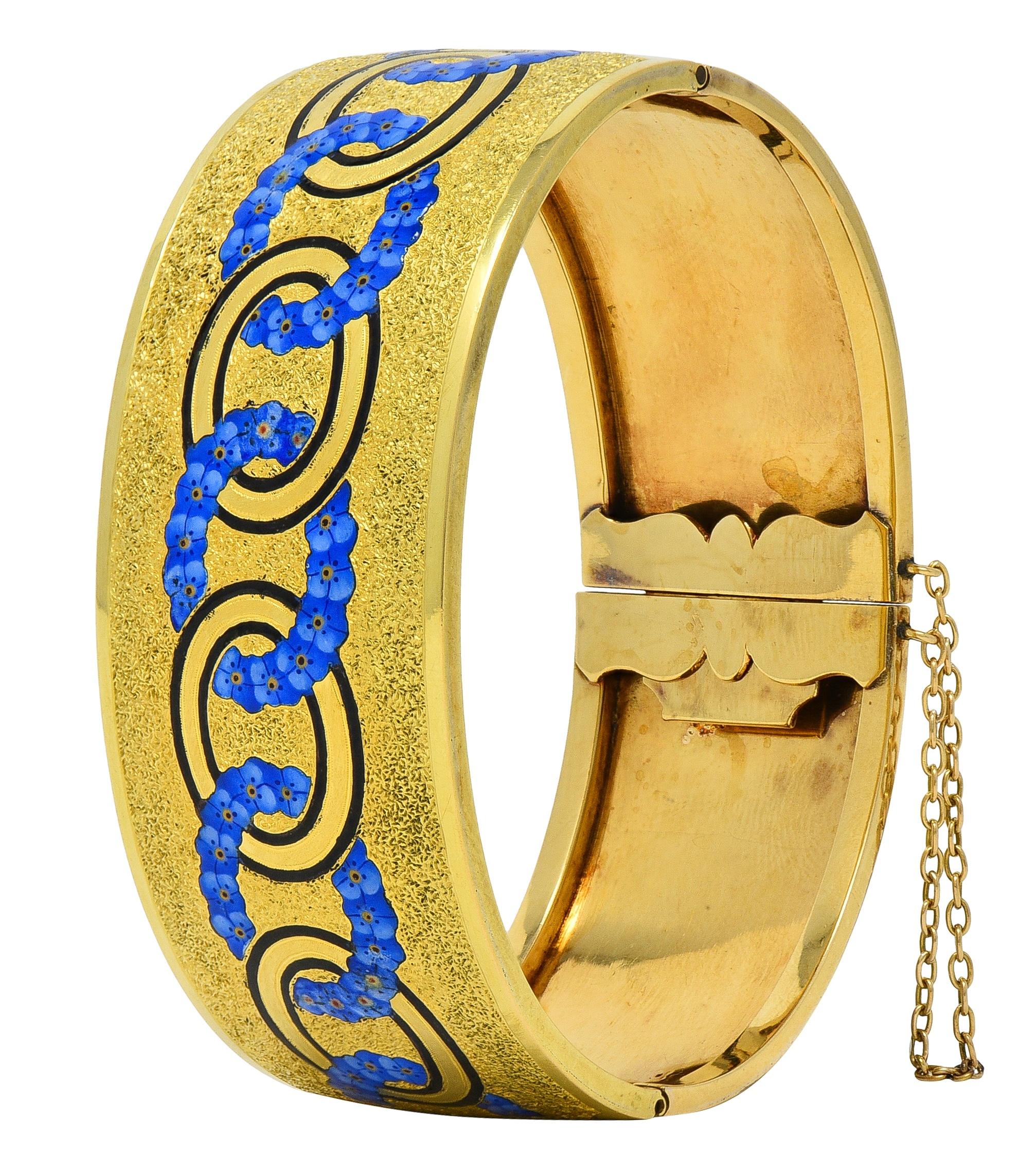 Victorian Enamel 18 Karat Yellow Gold Antique Forget-Me-Not Bangle Bracelet