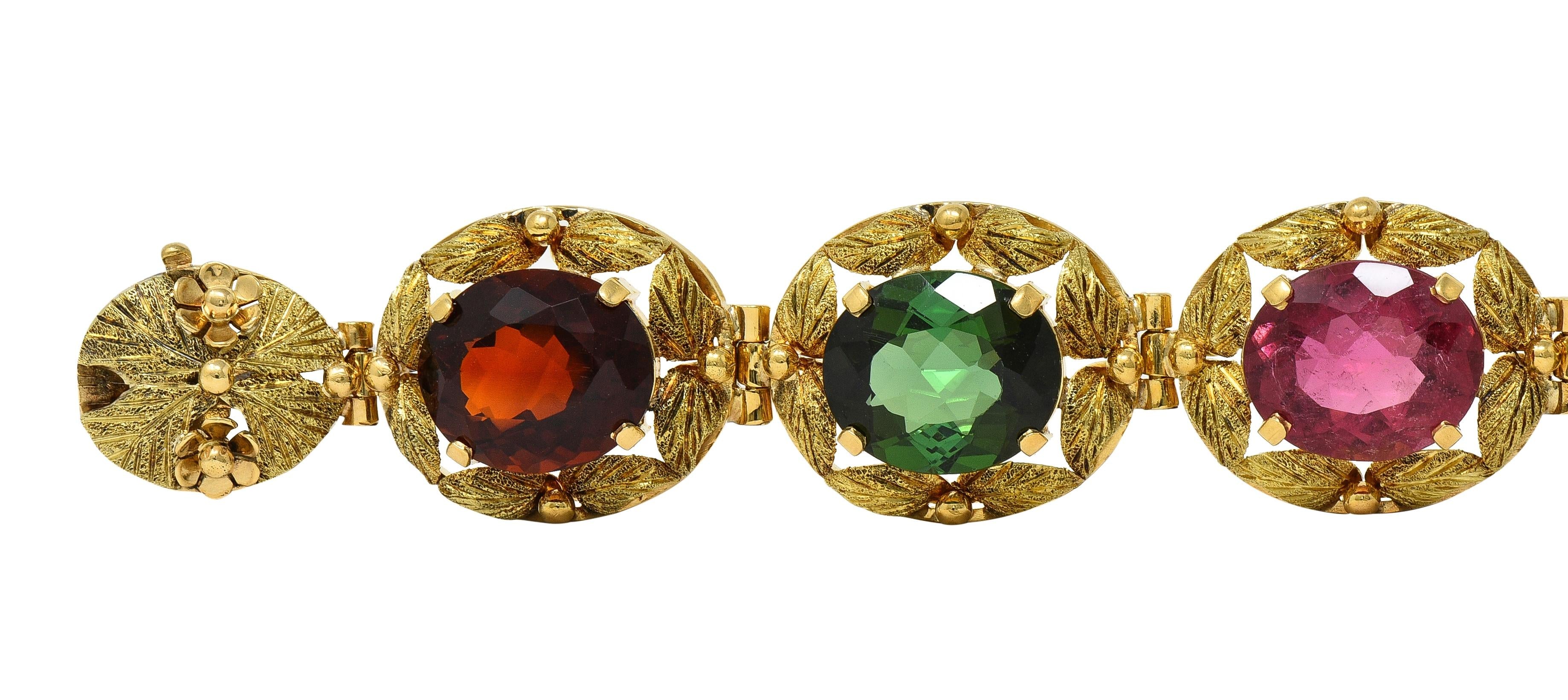 H. Stern 1950's Multi-Gem 18K Yellow Gold Vintage Floral Foliate Link Bracelet