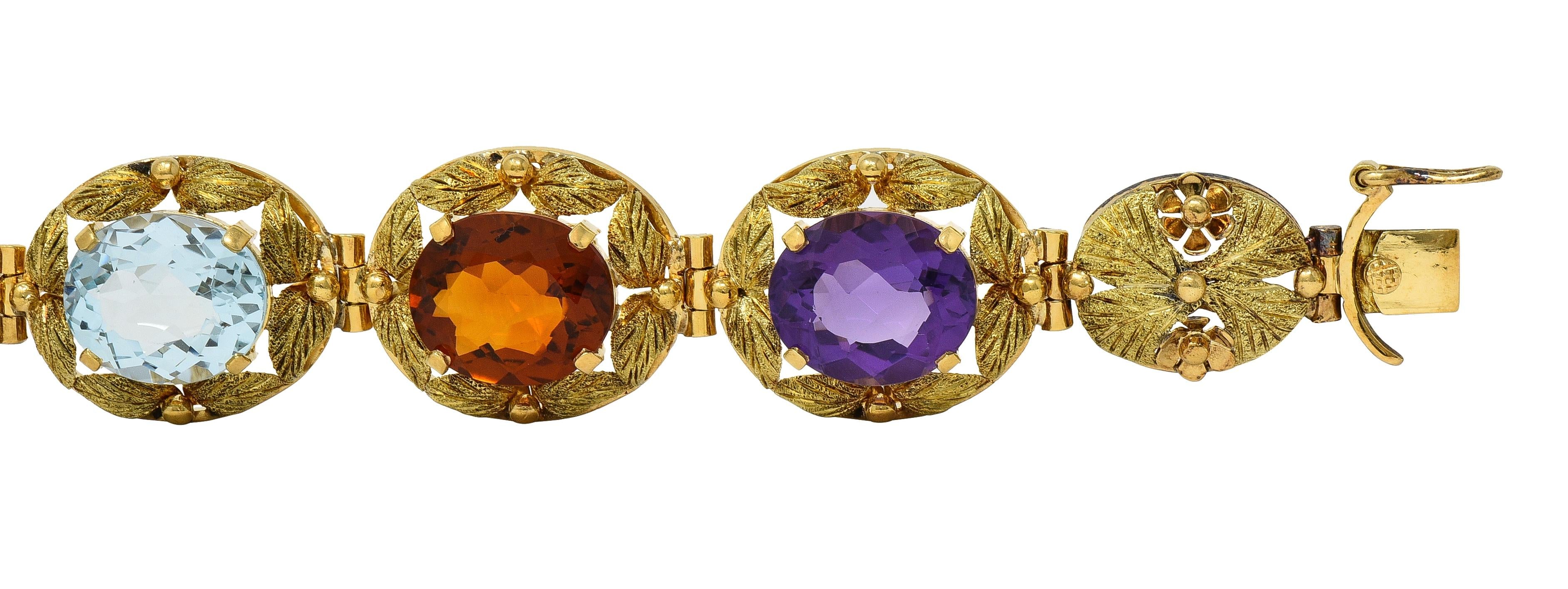 H. Stern 1950's Multi-Gem 18K Yellow Gold Vintage Floral Foliate Link Bracelet