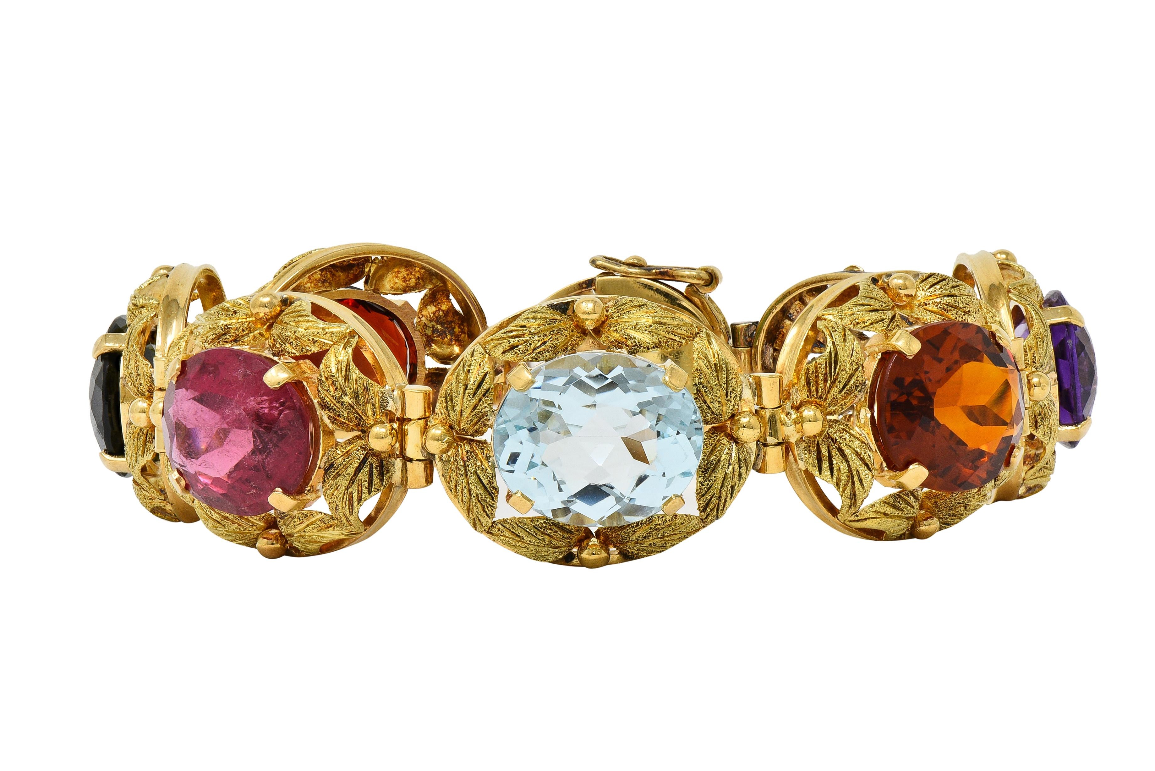 H. Stern 1950's Multi-Gem 18K Yellow Gold Vintage Floral Foliate Link Bracelet
