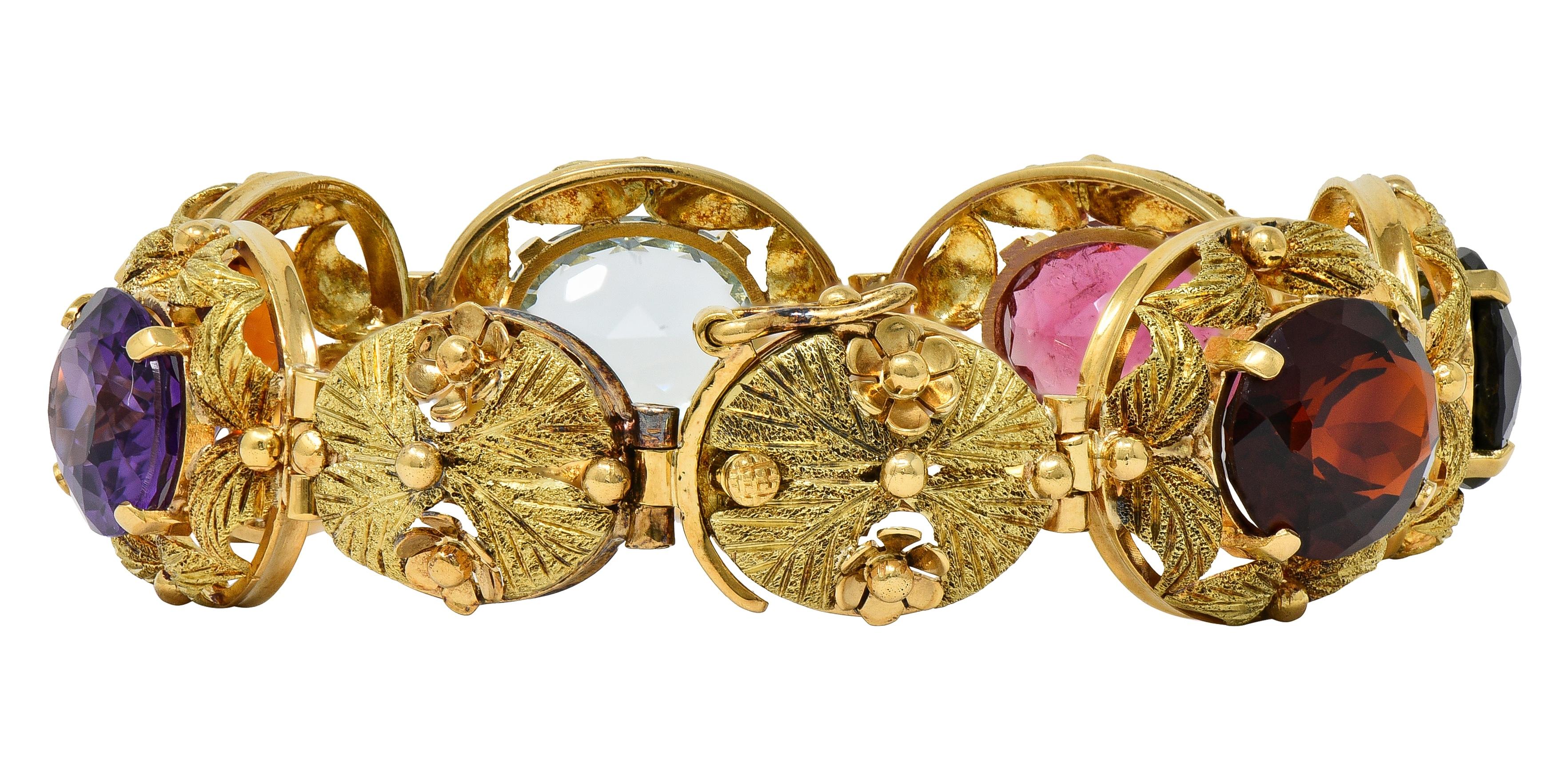 H. Stern 1950's Multi-Gem 18K Yellow Gold Vintage Floral Foliate Link Bracelet