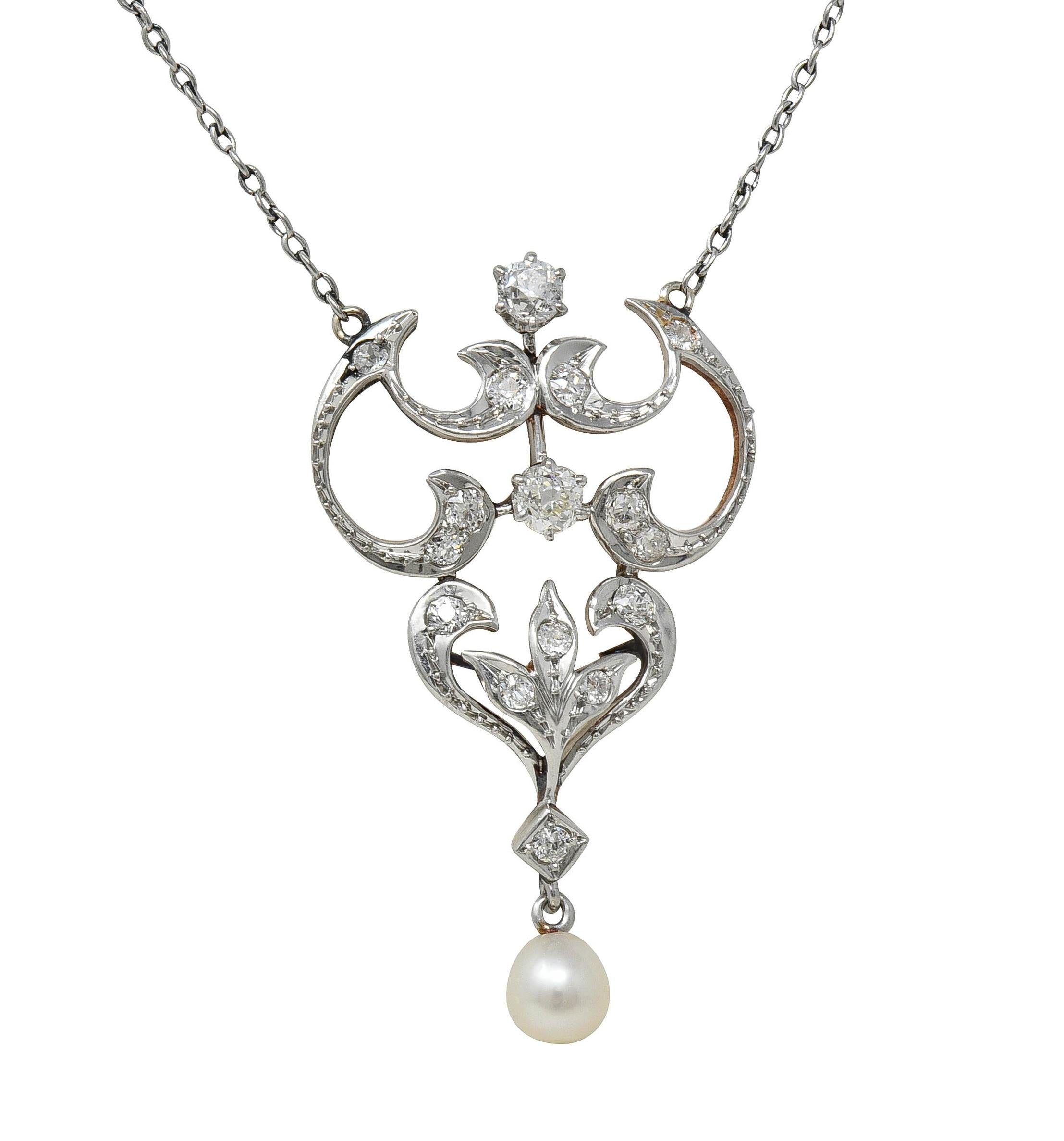 Edwardian Diamond Pearl Platinum 14K Gold Antique Pendant Station Necklace