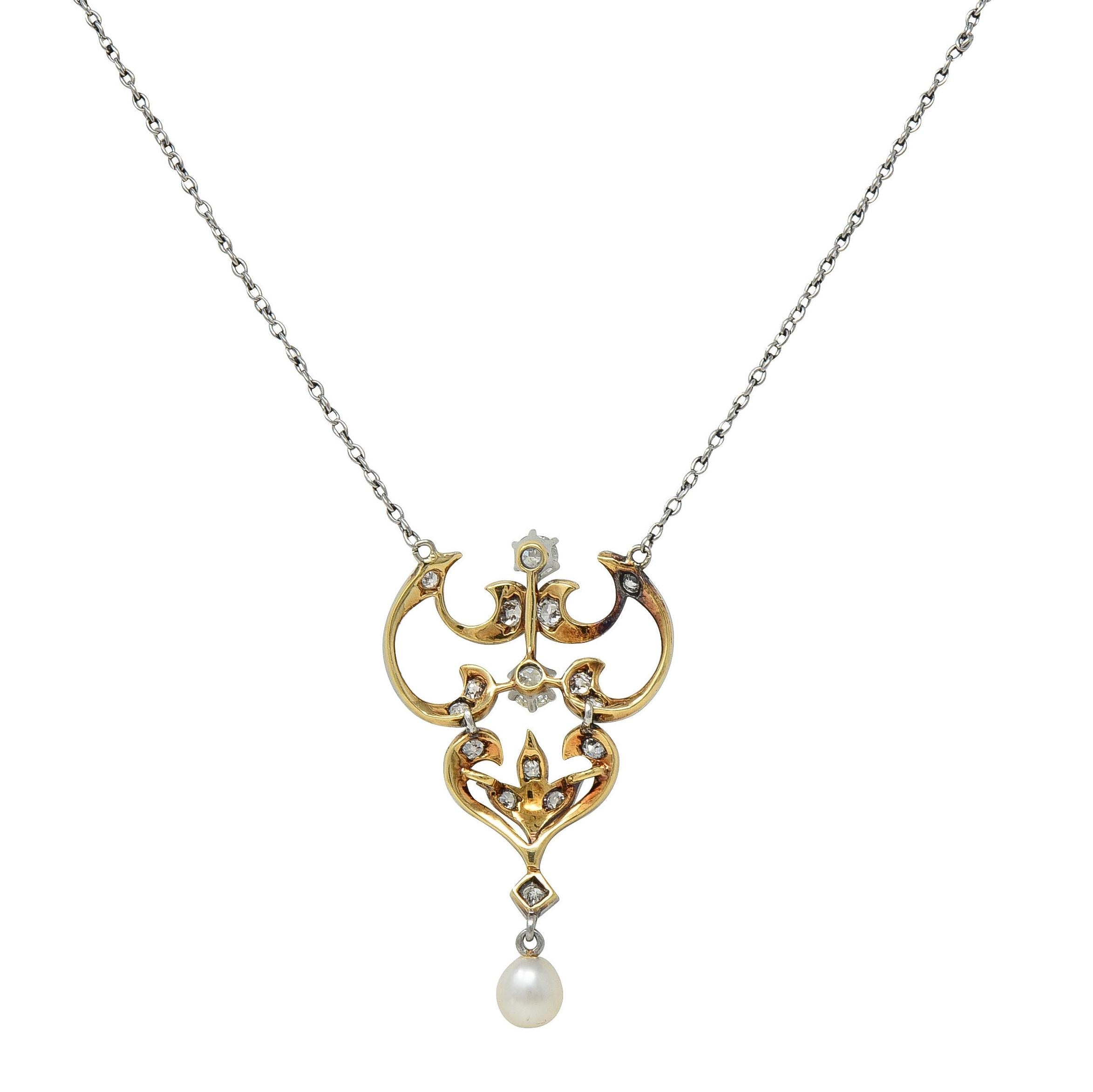 Edwardian Diamond Pearl Platinum 14K Gold Antique Pendant Station Necklace