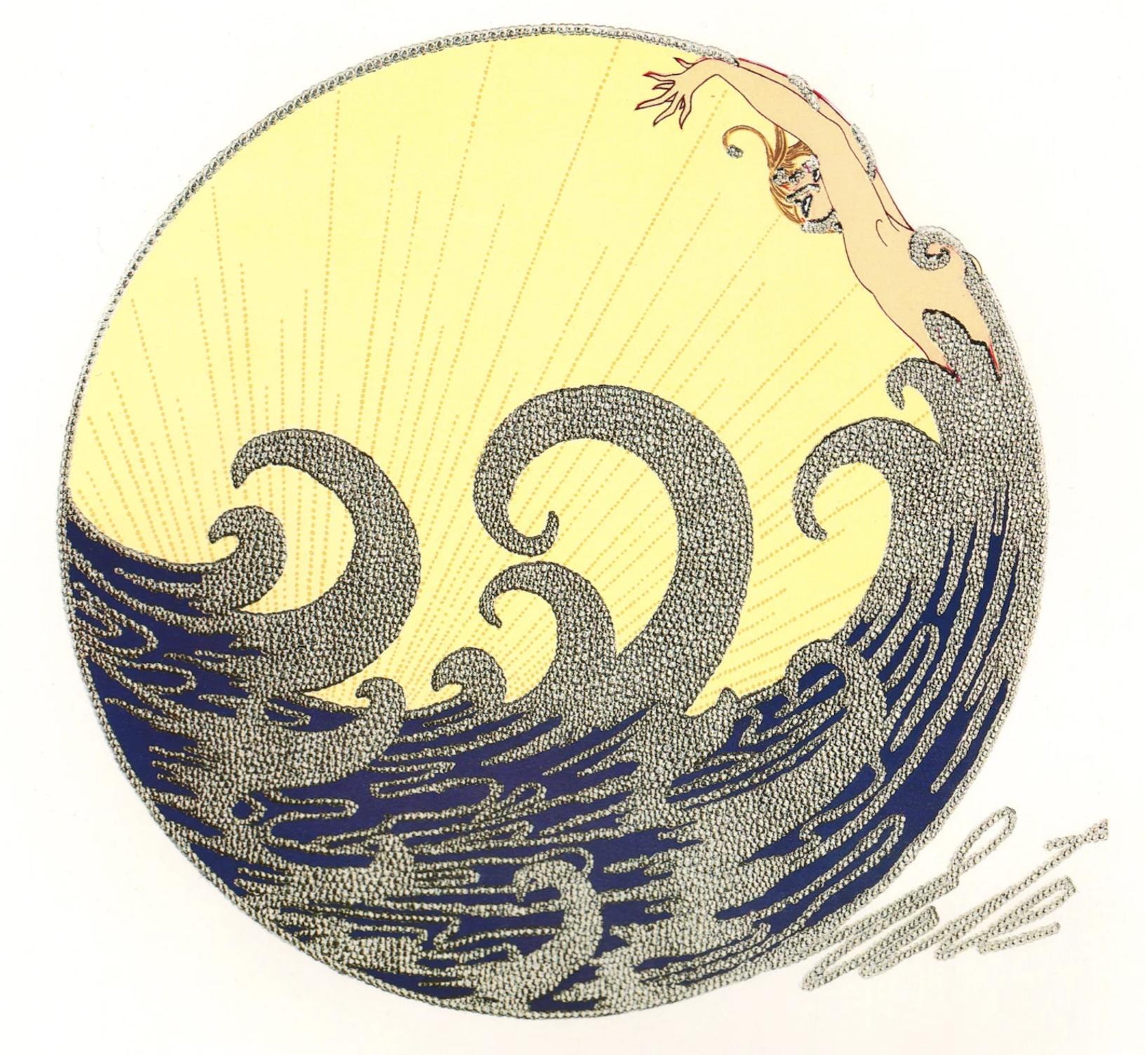 Erte 1980's Diamond Onyx 14 Karat Yellow Gold Silver Aphrodite Brooch Necklace