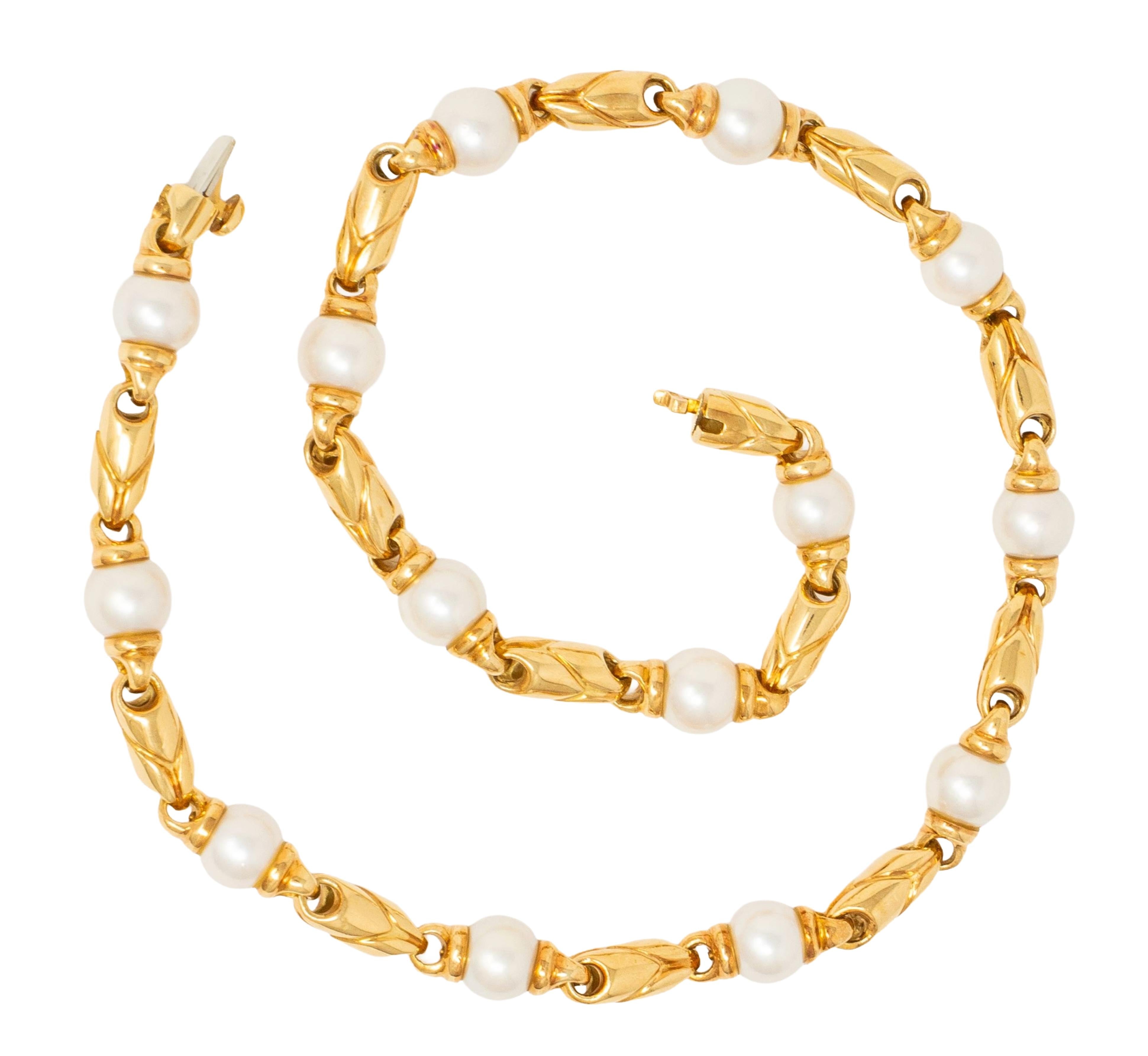 Bulgari 1980's Cultured Pearl 18K Gold Vintage Passo Doppio Link Necklace