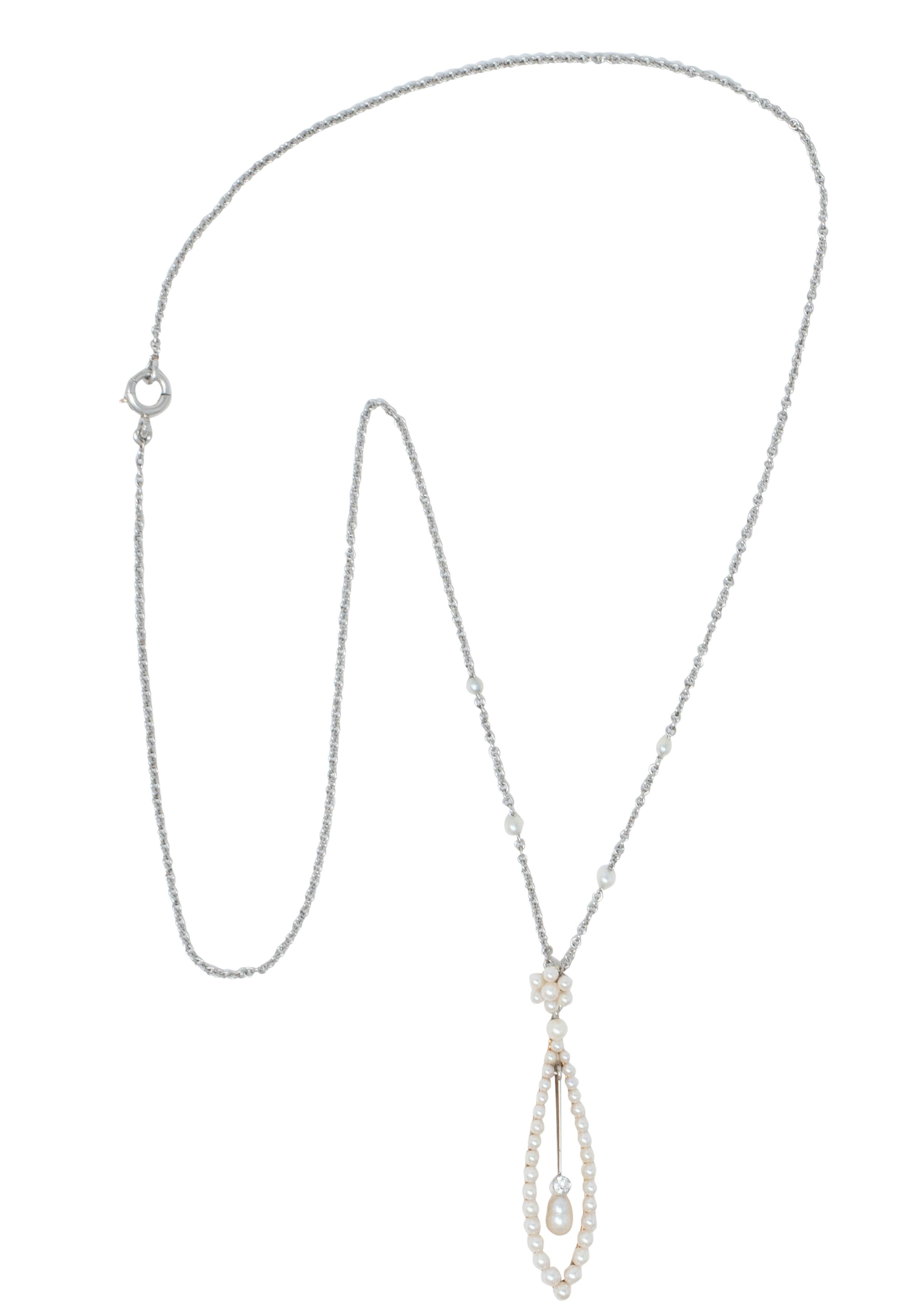 Edwardian Diamond Pearl Platinum 14 Karat Yellow Gold Antique Pendant Necklace