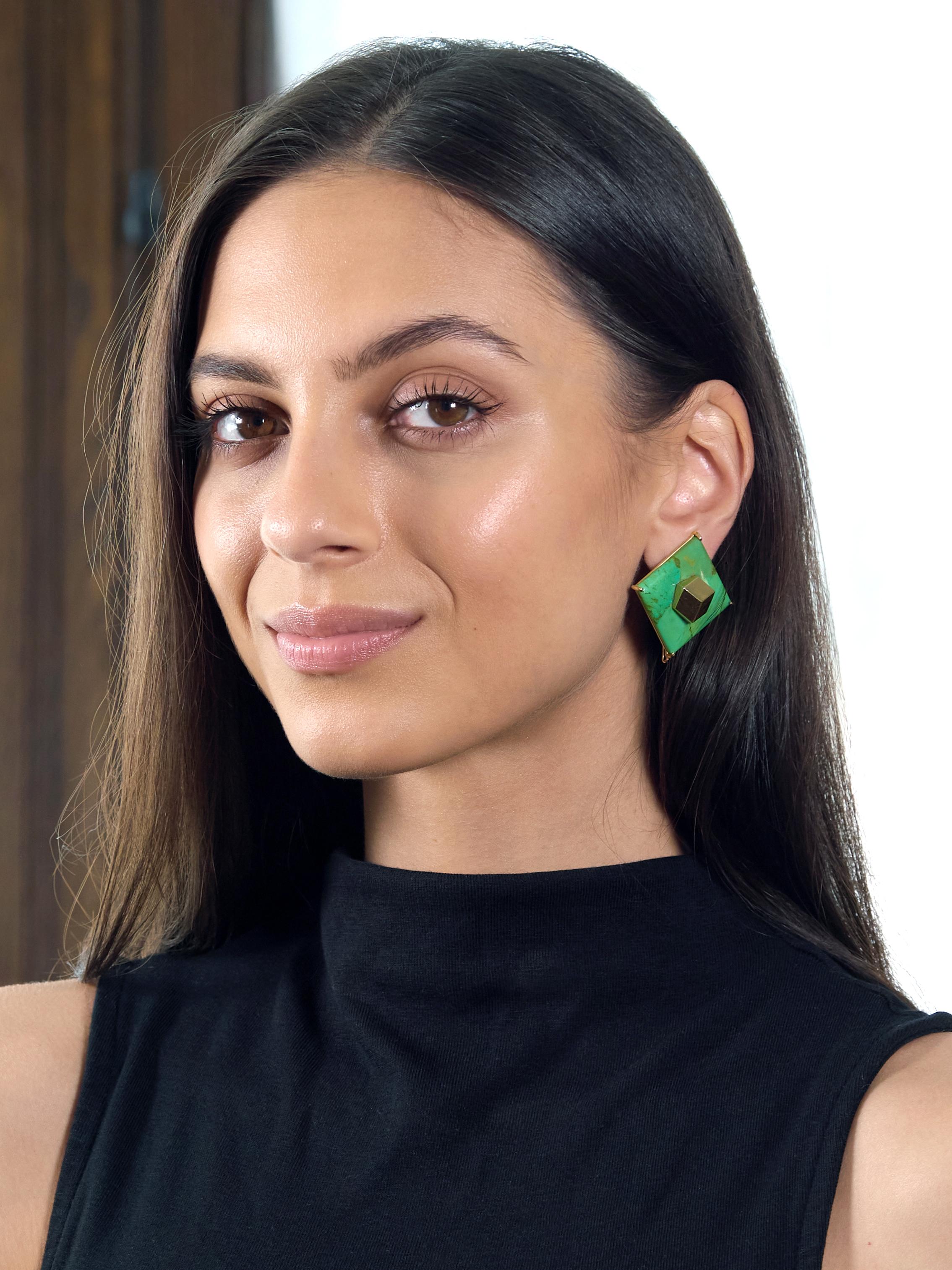 Paolo Costagli 2010's Turquoise 18K Gold Brilliante Cube Ear-Clip Earrings