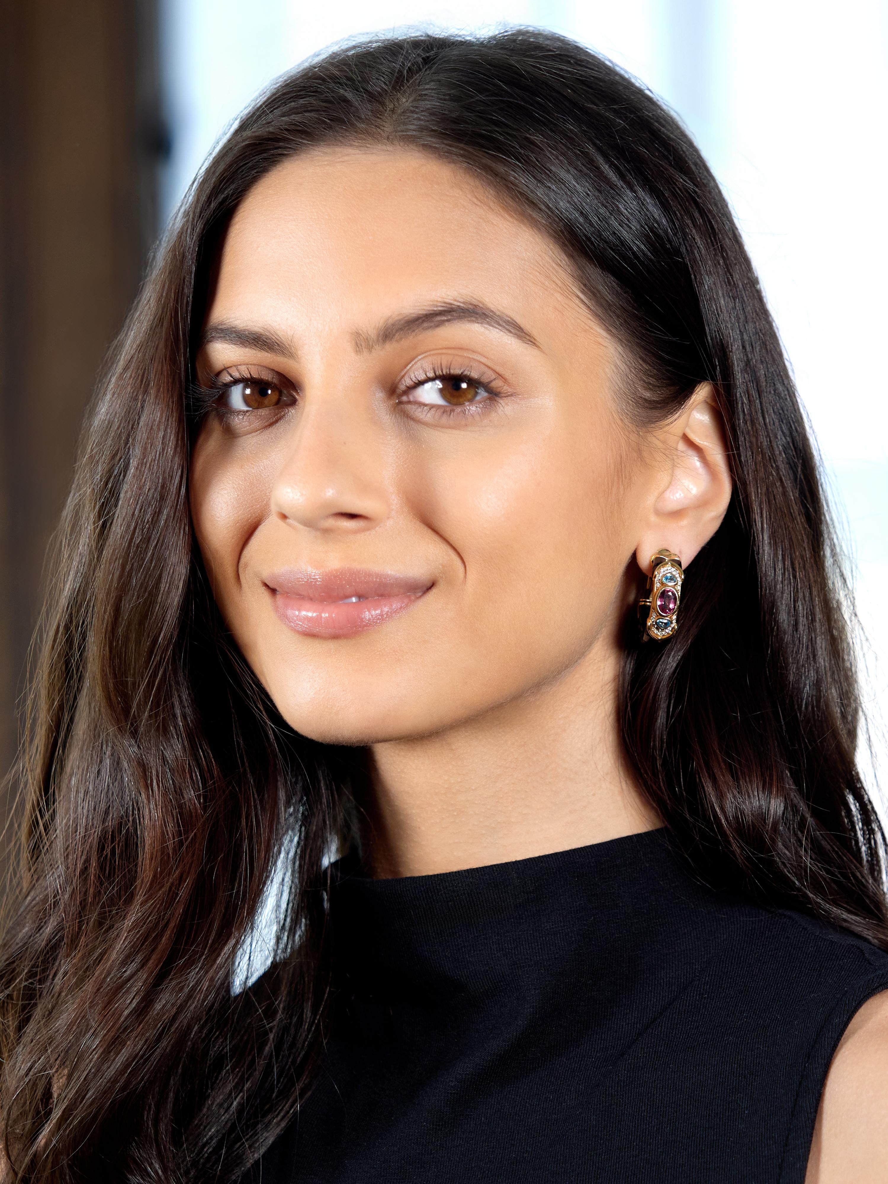 Marina B. 1980's Diamond Multi-Gem 18 Karat Yellow Gold Vintage Hoop Earrings