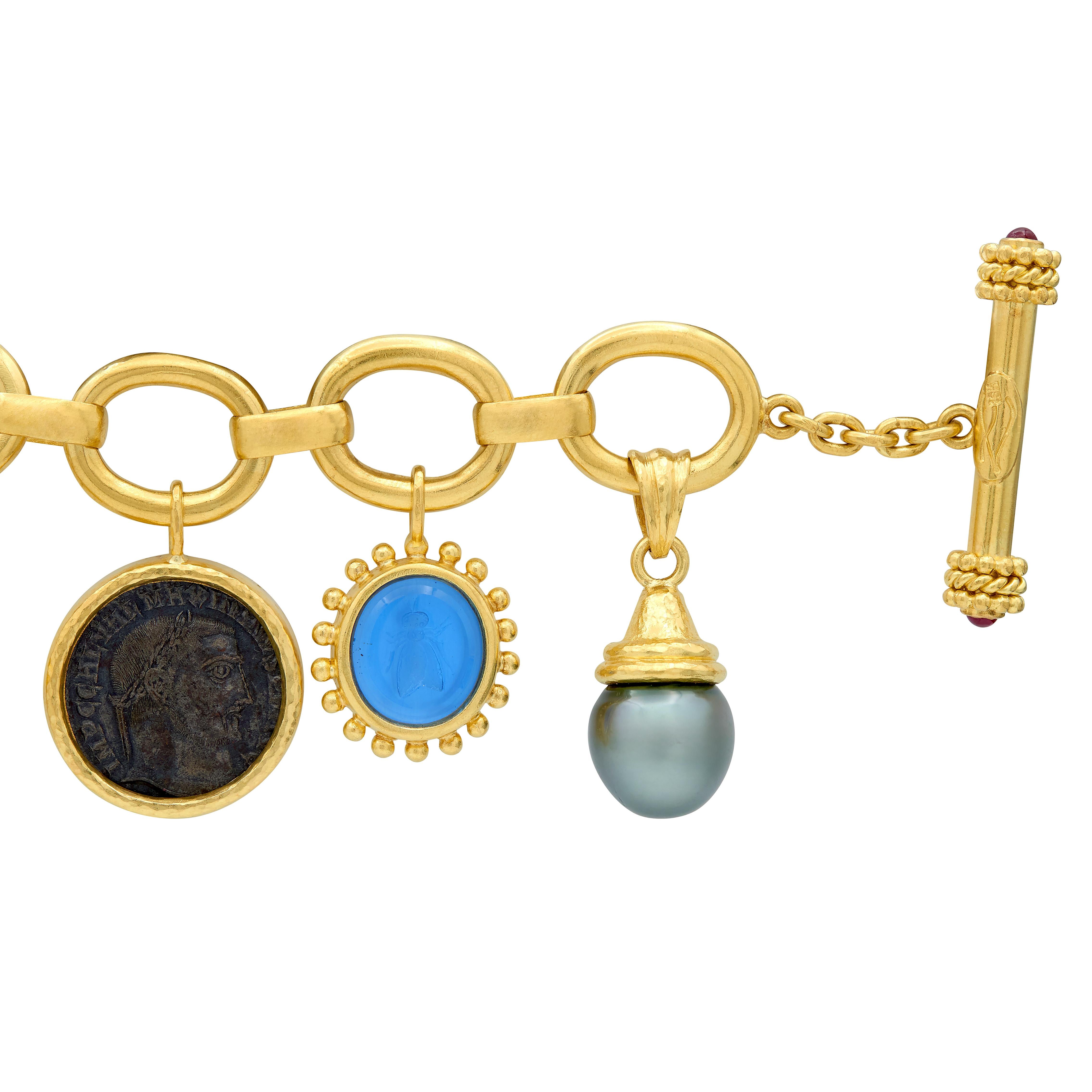 Elizabeth Locke 2000's Multi-Gem 19 Karat Yellow Gold Intaglio Charm Bracelet