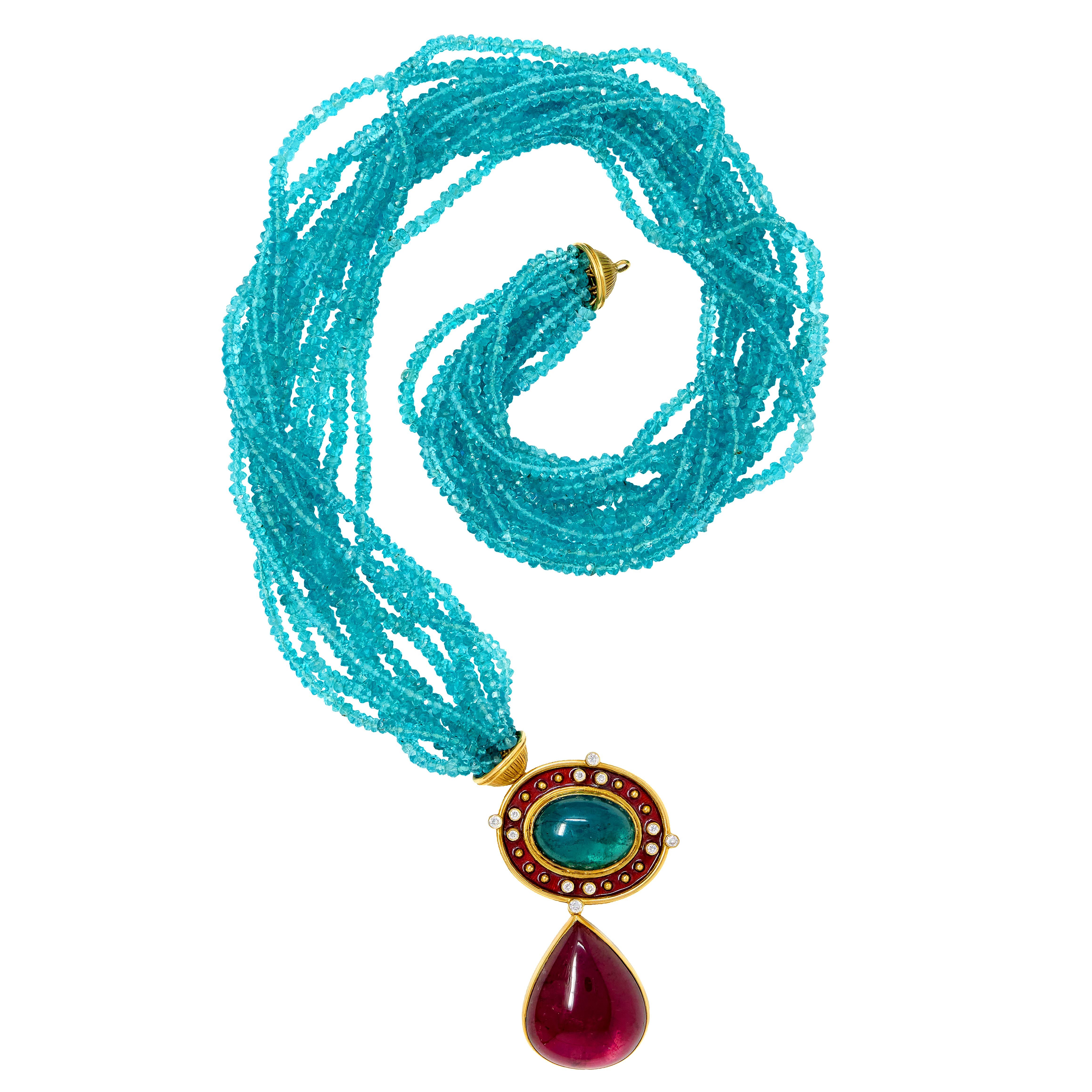 Alopa Diamond Multi-Gem Enamel 18K Gold Vintage Convertible Station Necklace