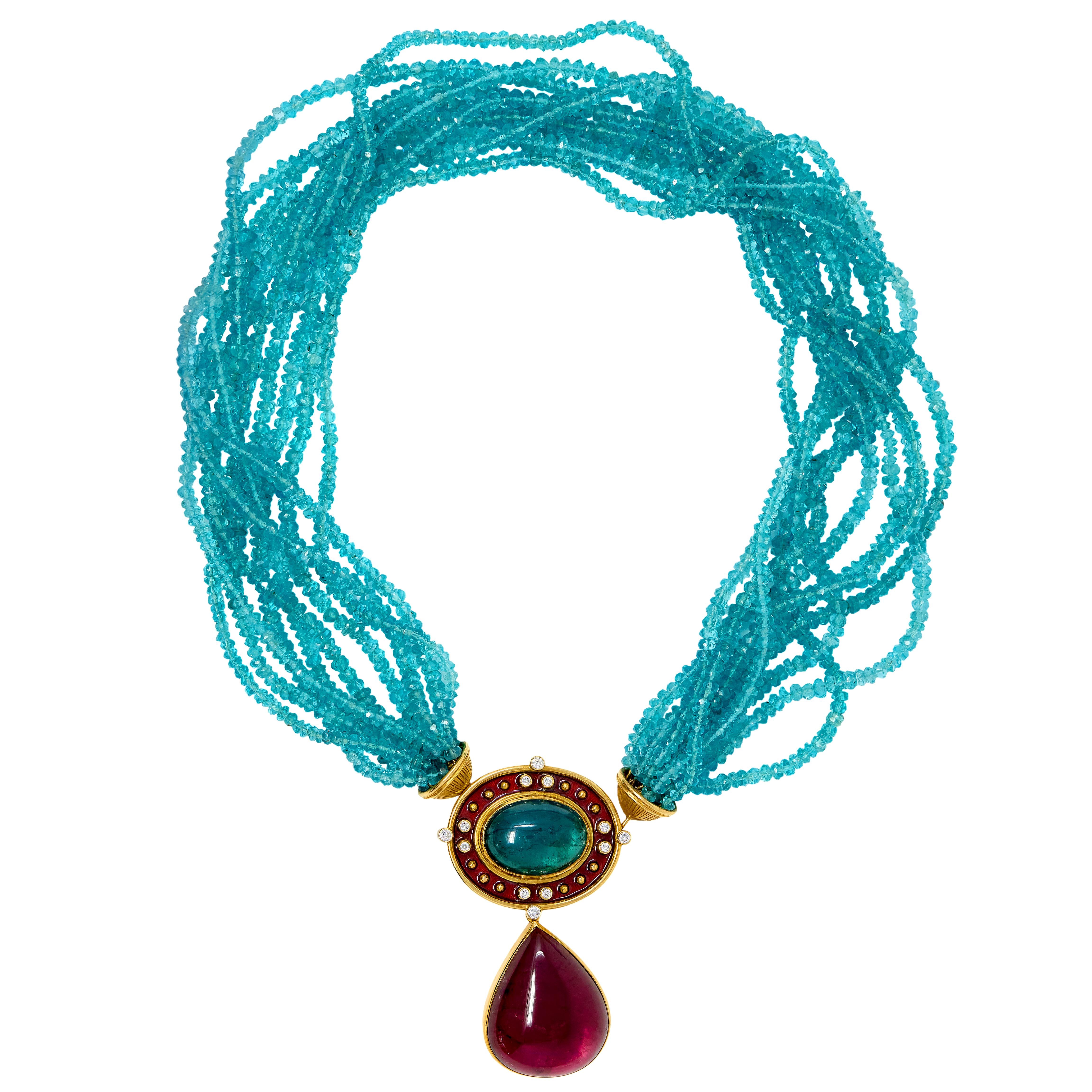 Alopa Diamond Multi-Gem Enamel 18K Gold Vintage Convertible Station Necklace