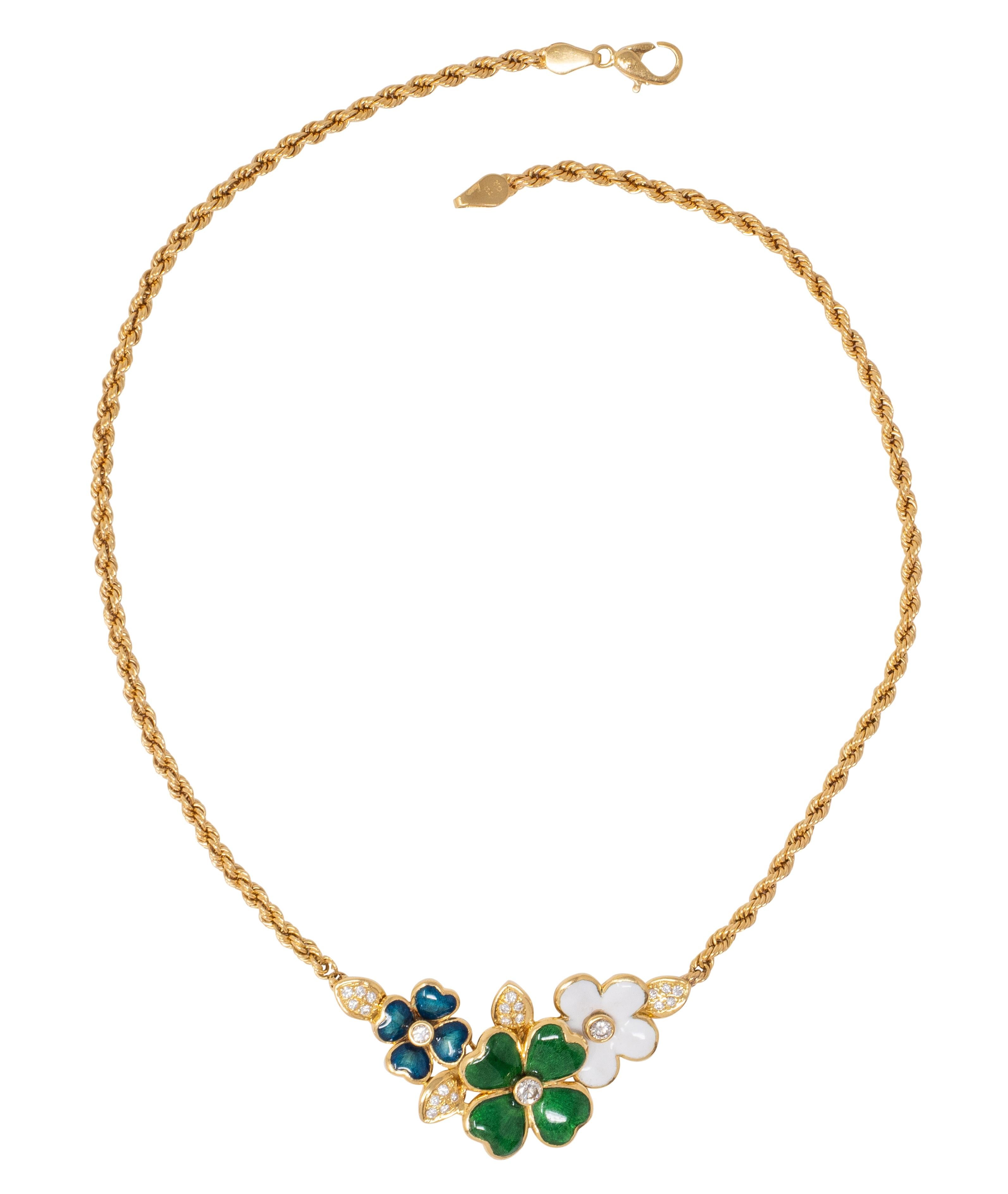 Boucheron Diamond Enamel 18 Karat Yellow Gold Vintage Floral Station Necklace
