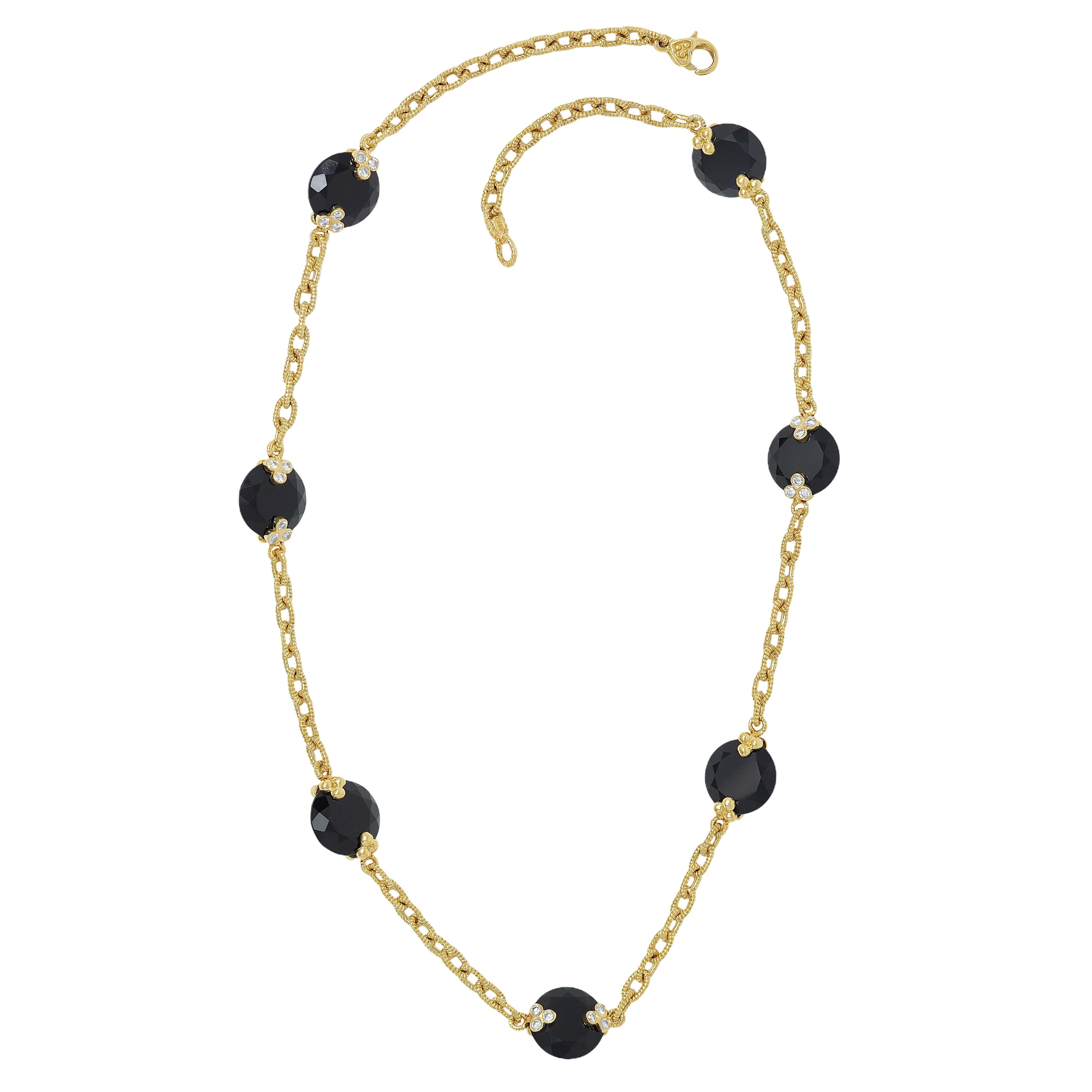 Judith Ripka Diamond Onyx 18 Karat Yellow Gold Station Chain Necklace