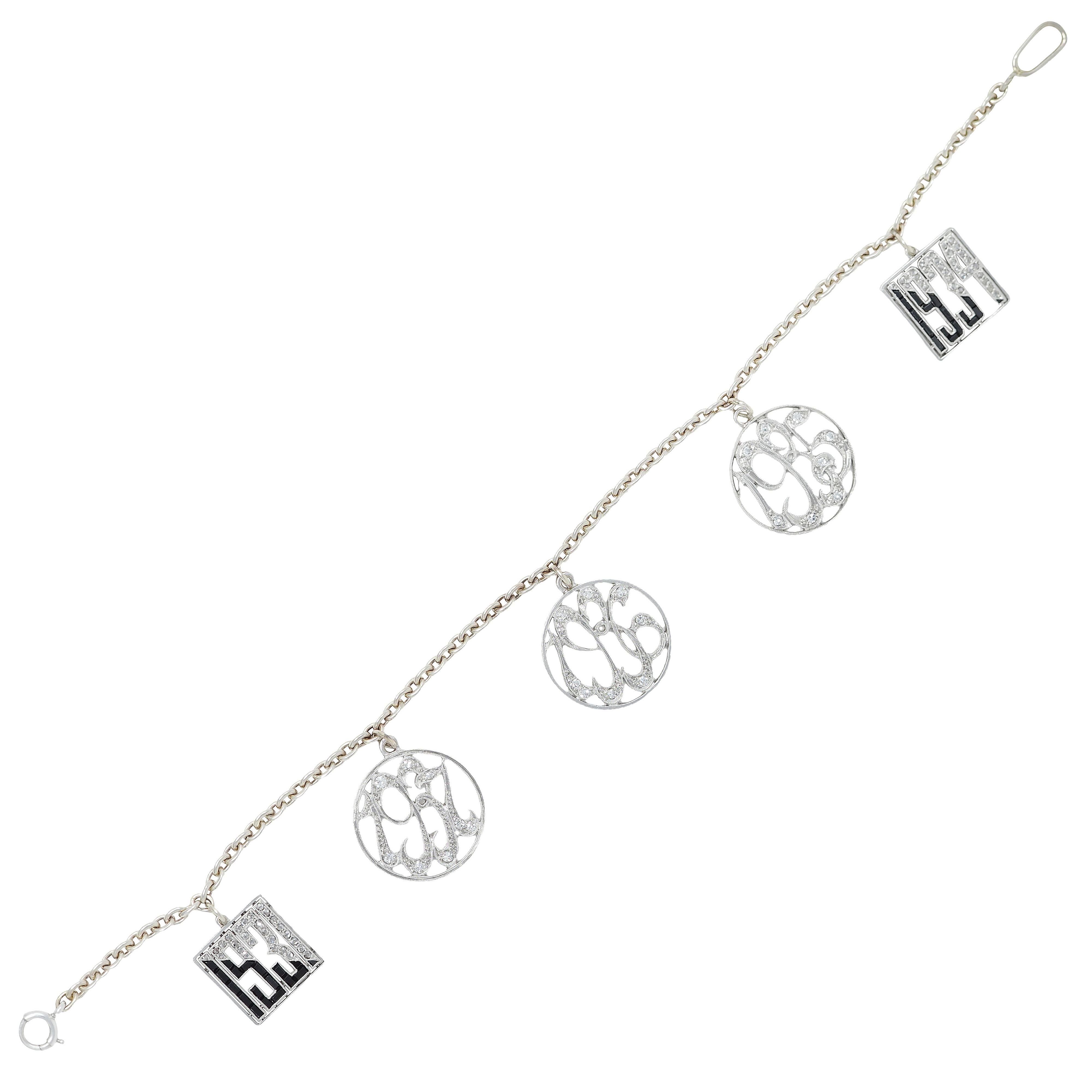 JE Caldwell Art Deco Diamond Onyx Platinum 14K Gold Vintage Date Charm Bracelet