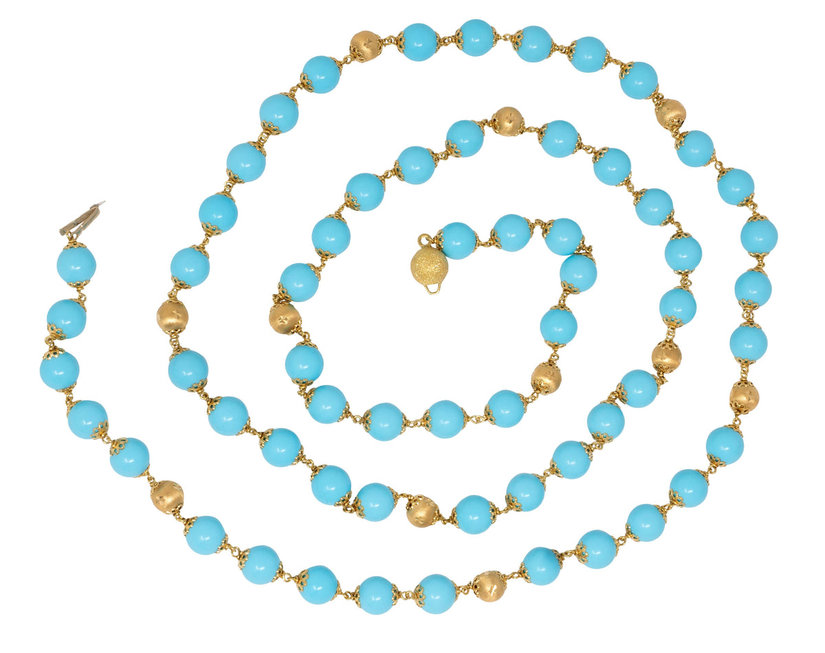 1960's Turquoise 18 Karat Yellow Gold Vintage Beaded Strand Necklace