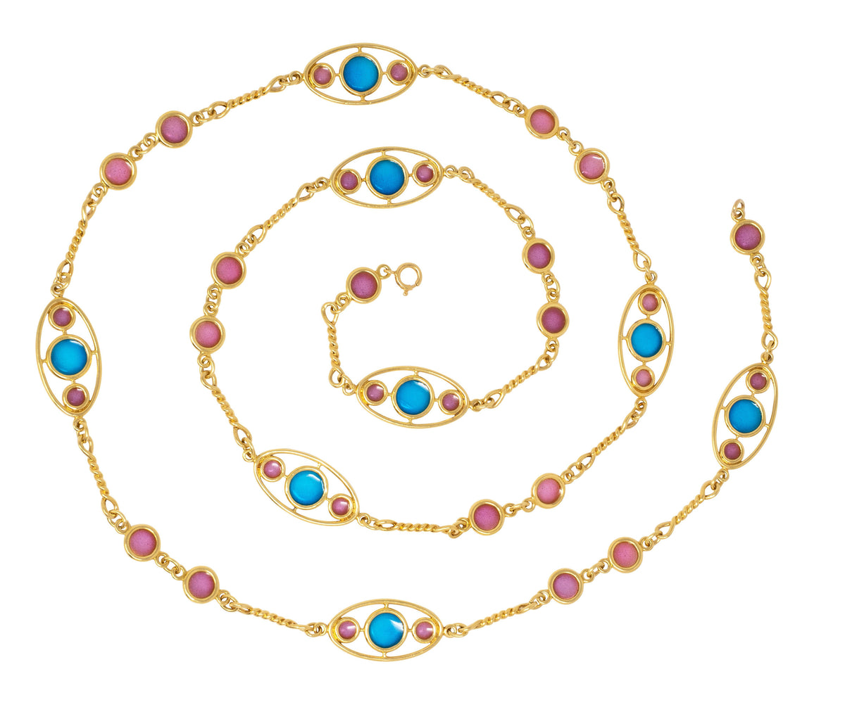1980's Plique-Á-Jour Enamel 18K Yellow Gold Vintage Fancy Link Station Necklace