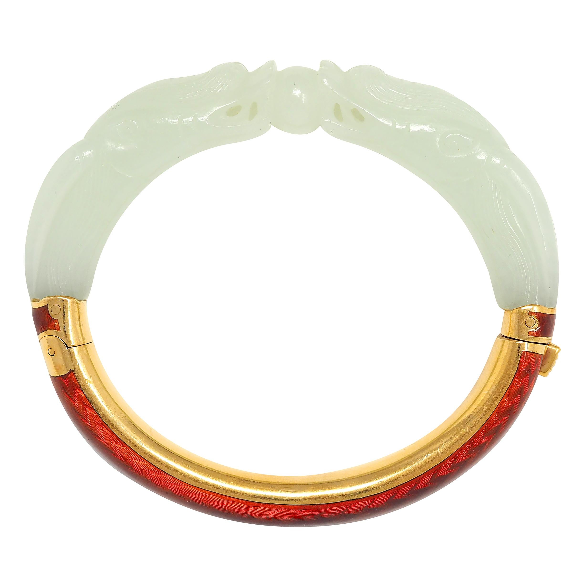 Vintage Jade Red Enamel 18 Karat Yellow Gold Two Dragons Cuff Bracelet