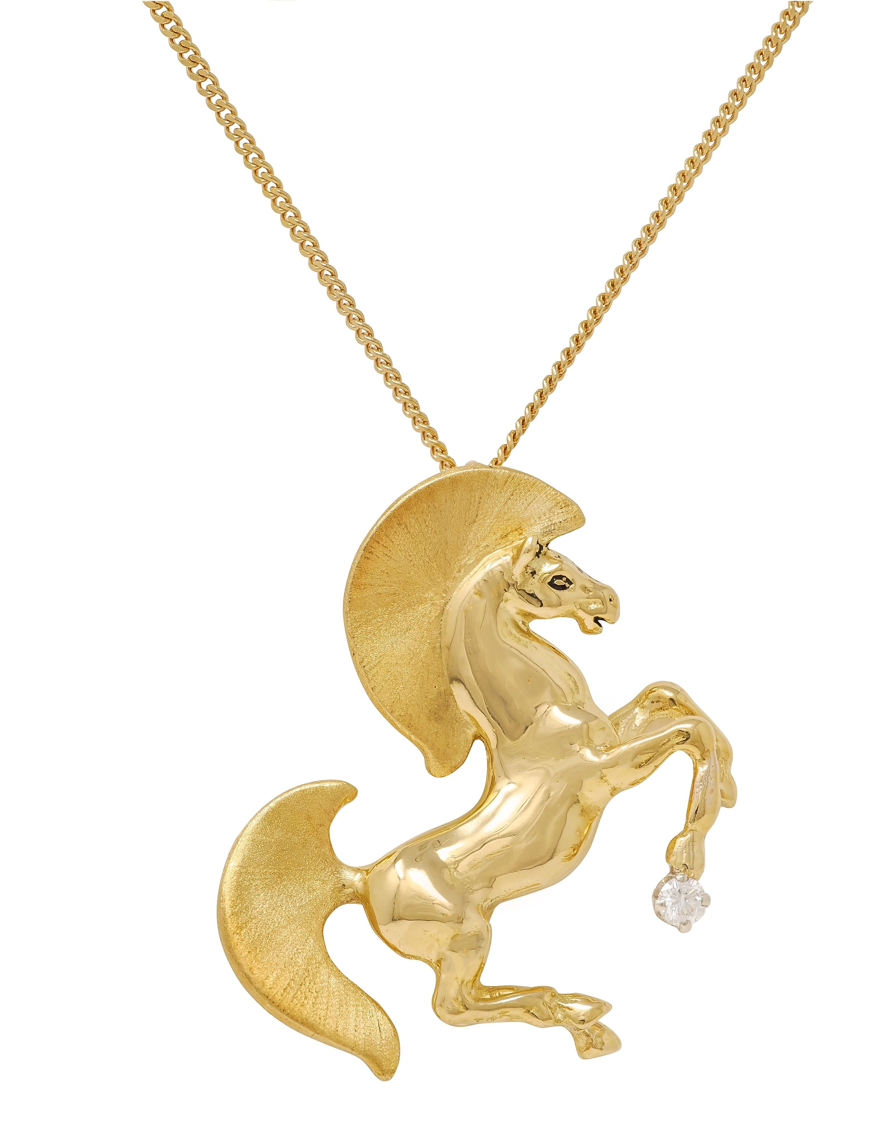 Gayle Bright 1986 18 Karat Two-Tone Gold Diamond Vintage Horse Pendant Necklace