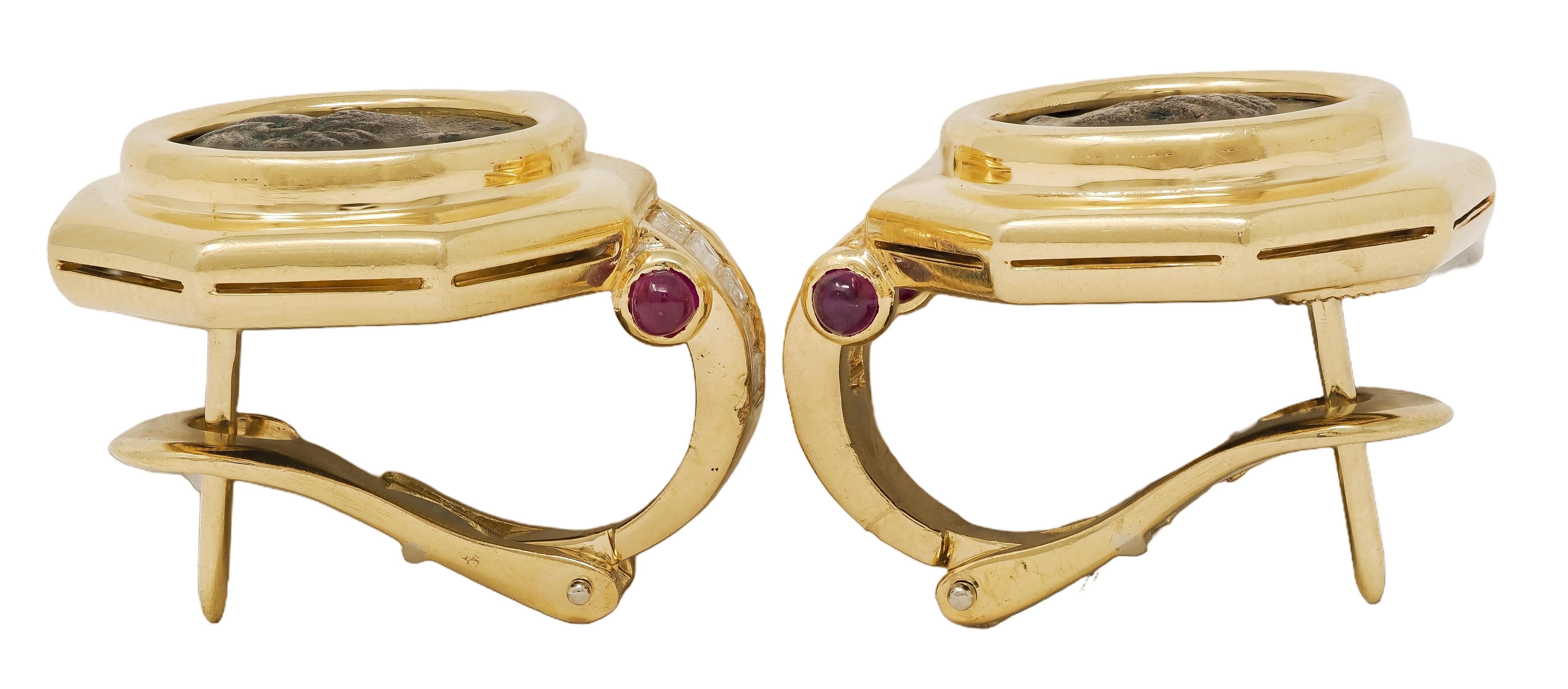 Bulgari 1980's Diamond Ruby Ancient Coin 18K Gold Vintage Monete Earrings