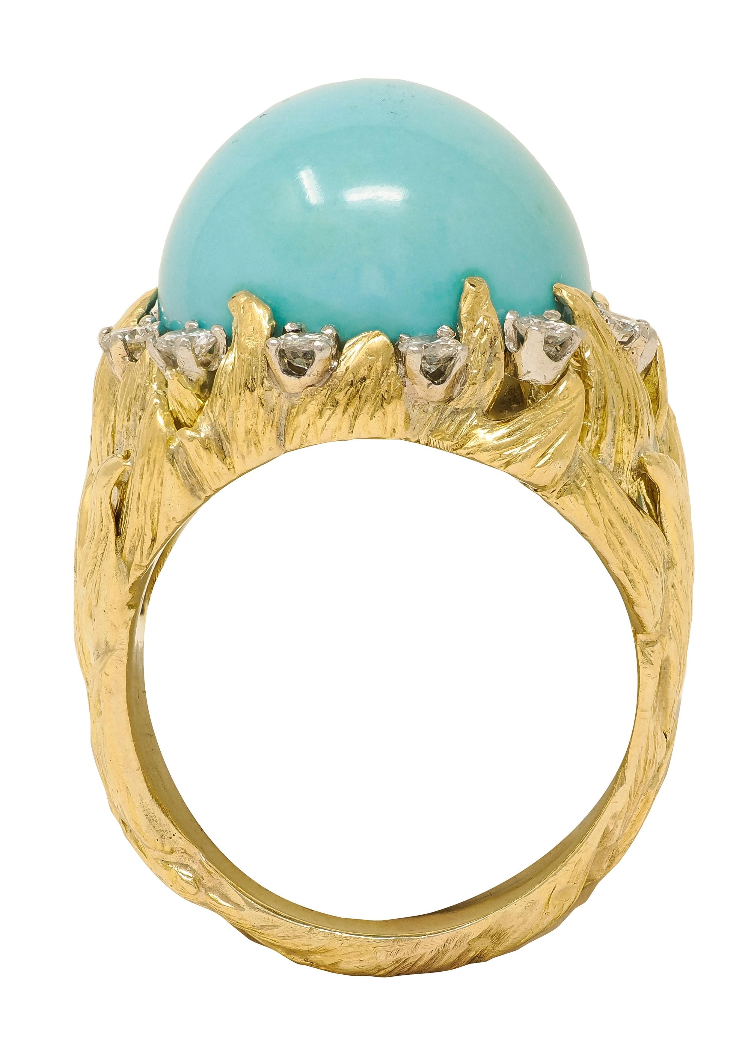 David Webb 1970's Turquoise Diamond 18K Gold Platinum Vintage Foliate Ring