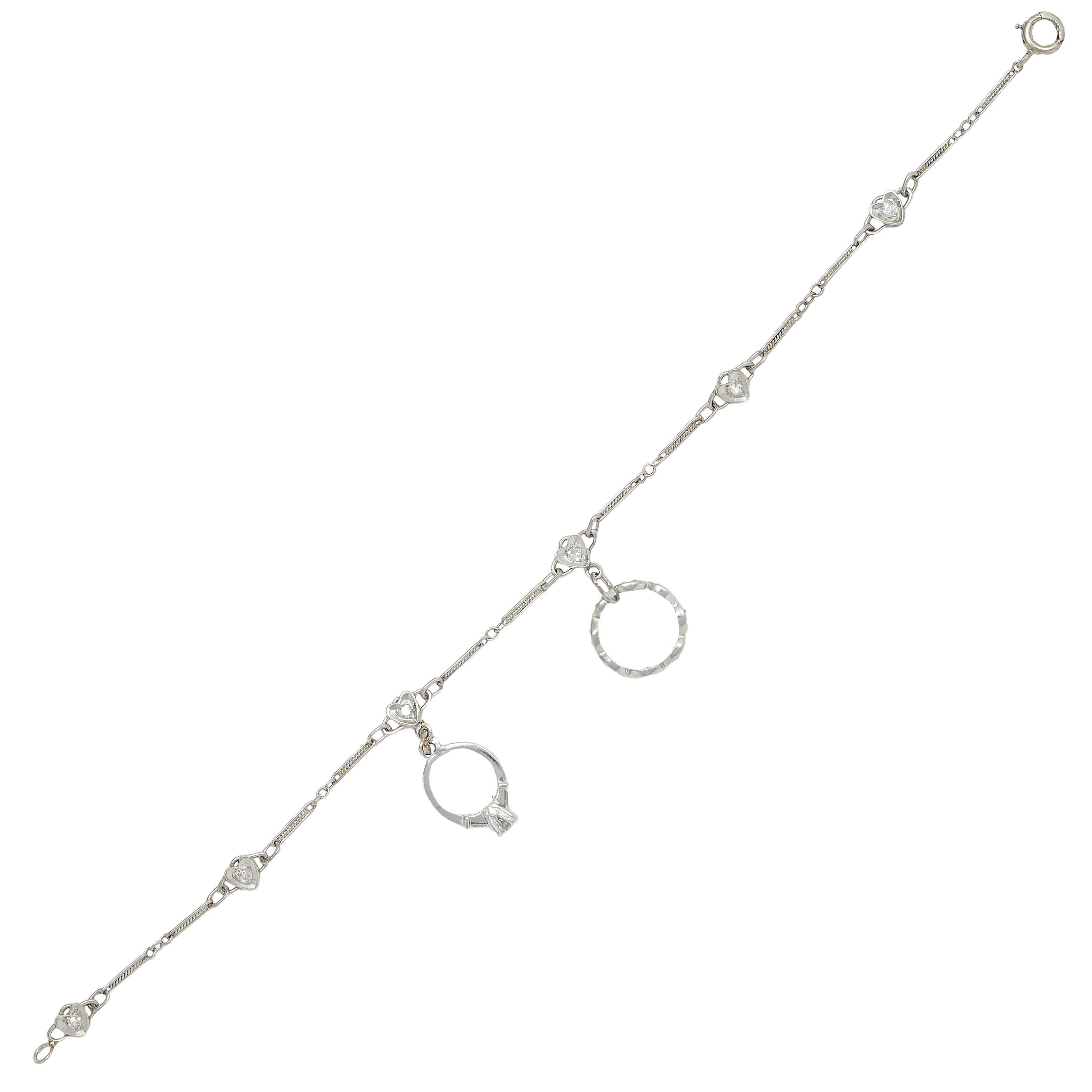 Art Deco Diamond Platinum 14K Gold Heart Wedding Engagement Charm Bracelet