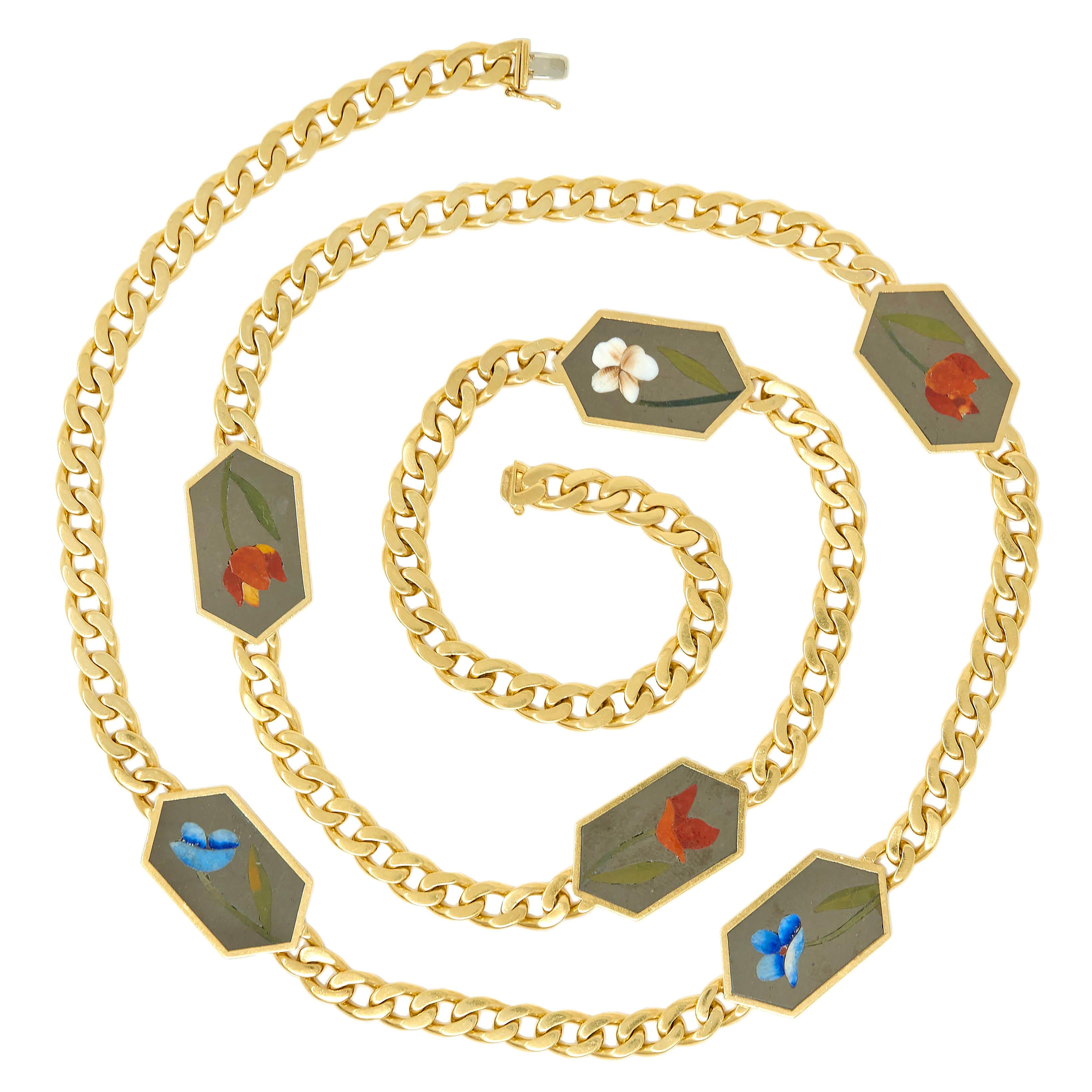 Bulgari 1970's Inlay Multi-Gem 18K Gold Vintage Curb Link Chain Floral Necklace