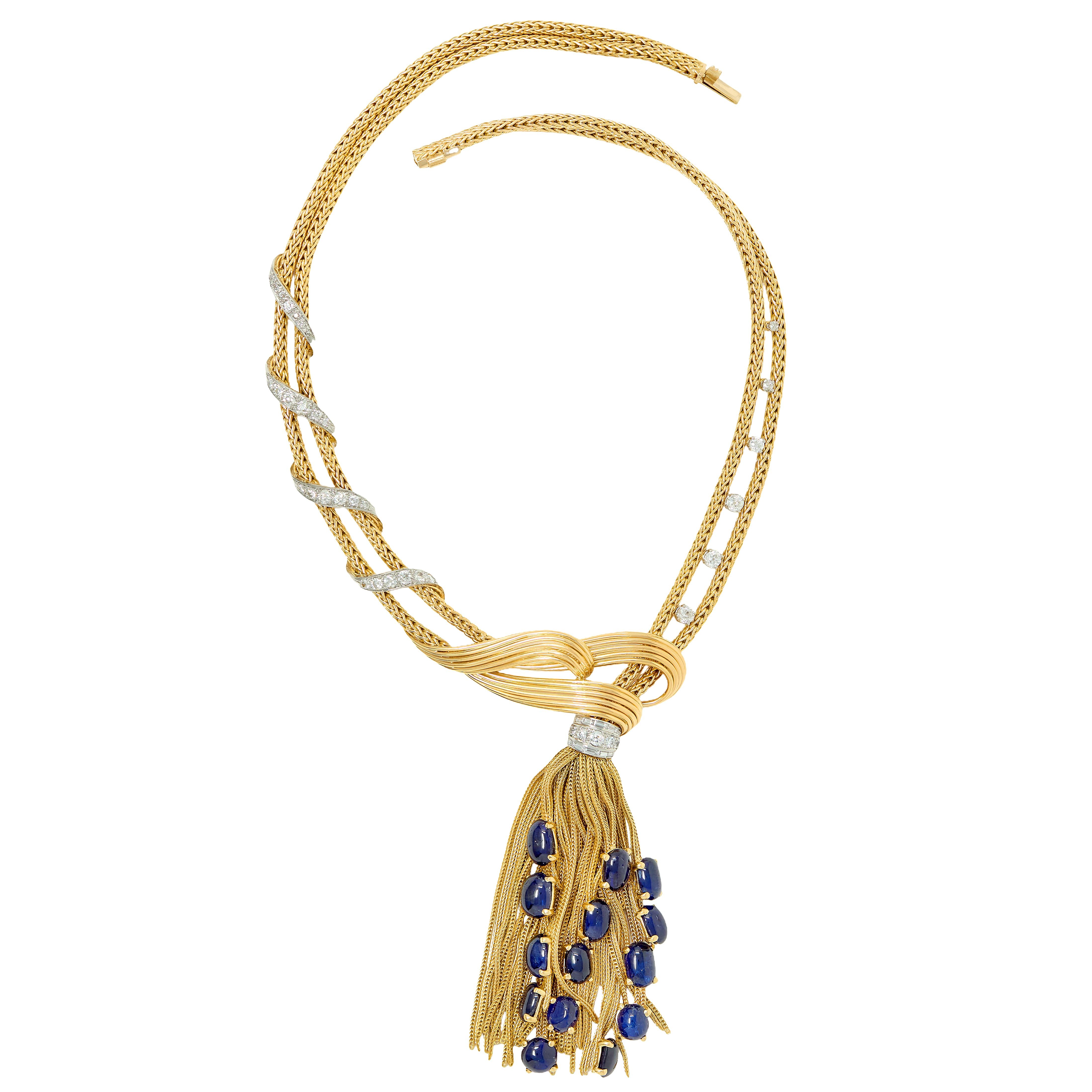Boucheron Paris 1950's Sapphire Diamond 18K Yellow Gold Platinum Tassel Necklace