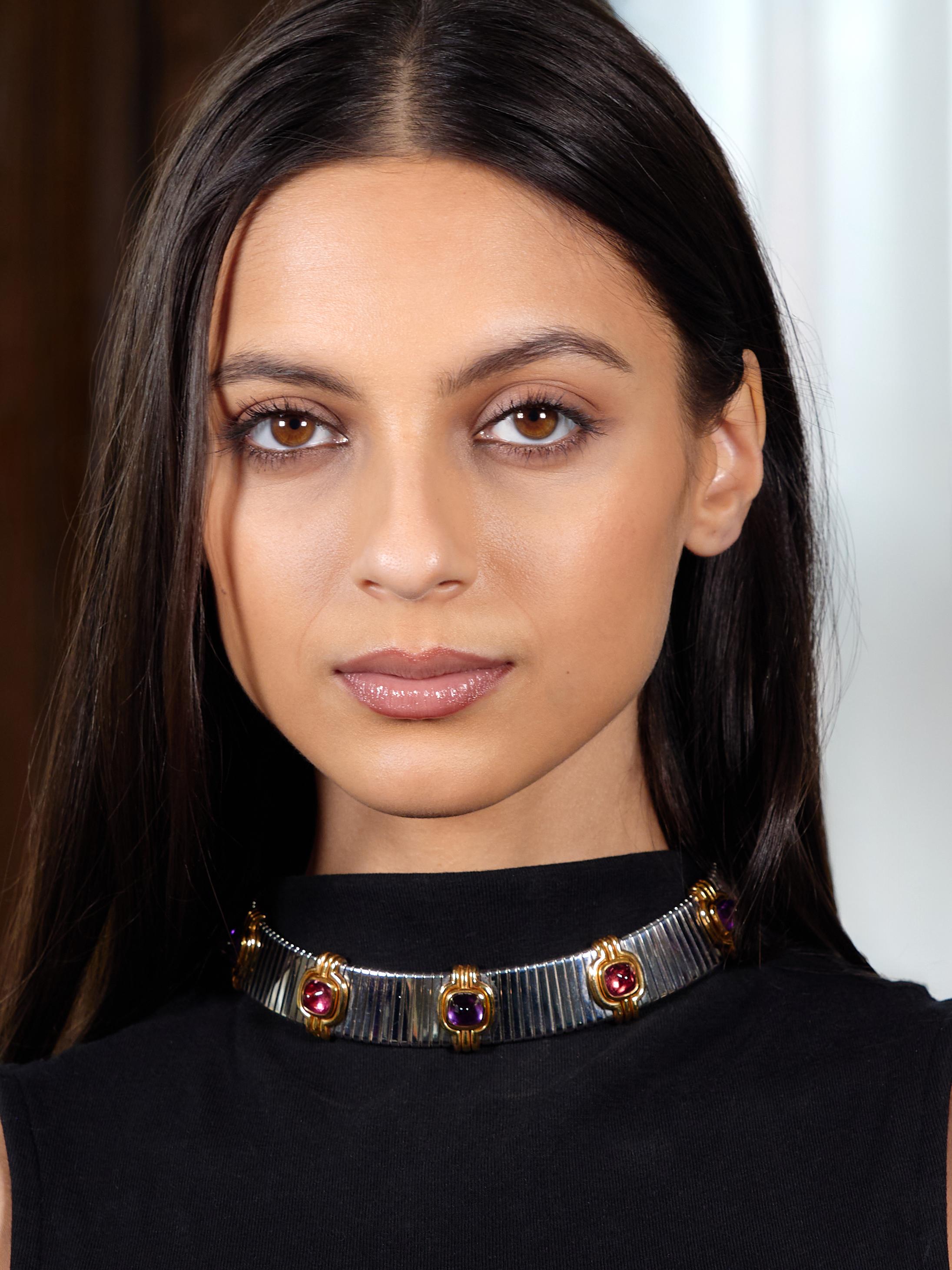 Bulgari 1980 Tourmaline Amethyst Steel 18K Gold Vintage Tubogas Collar Necklace