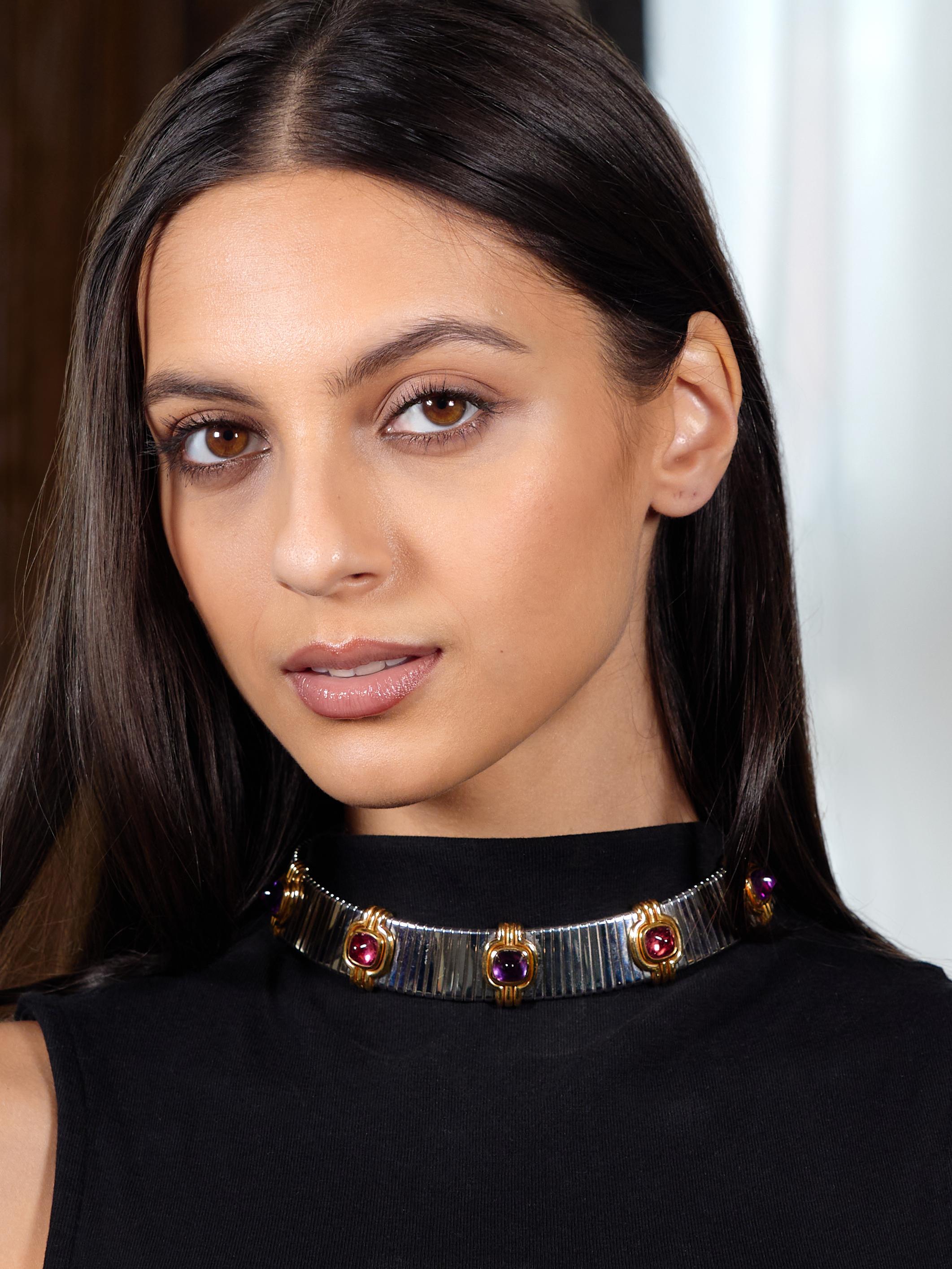 Bulgari 1980 Tourmaline Amethyst Steel 18K Gold Vintage Tubogas Collar Necklace