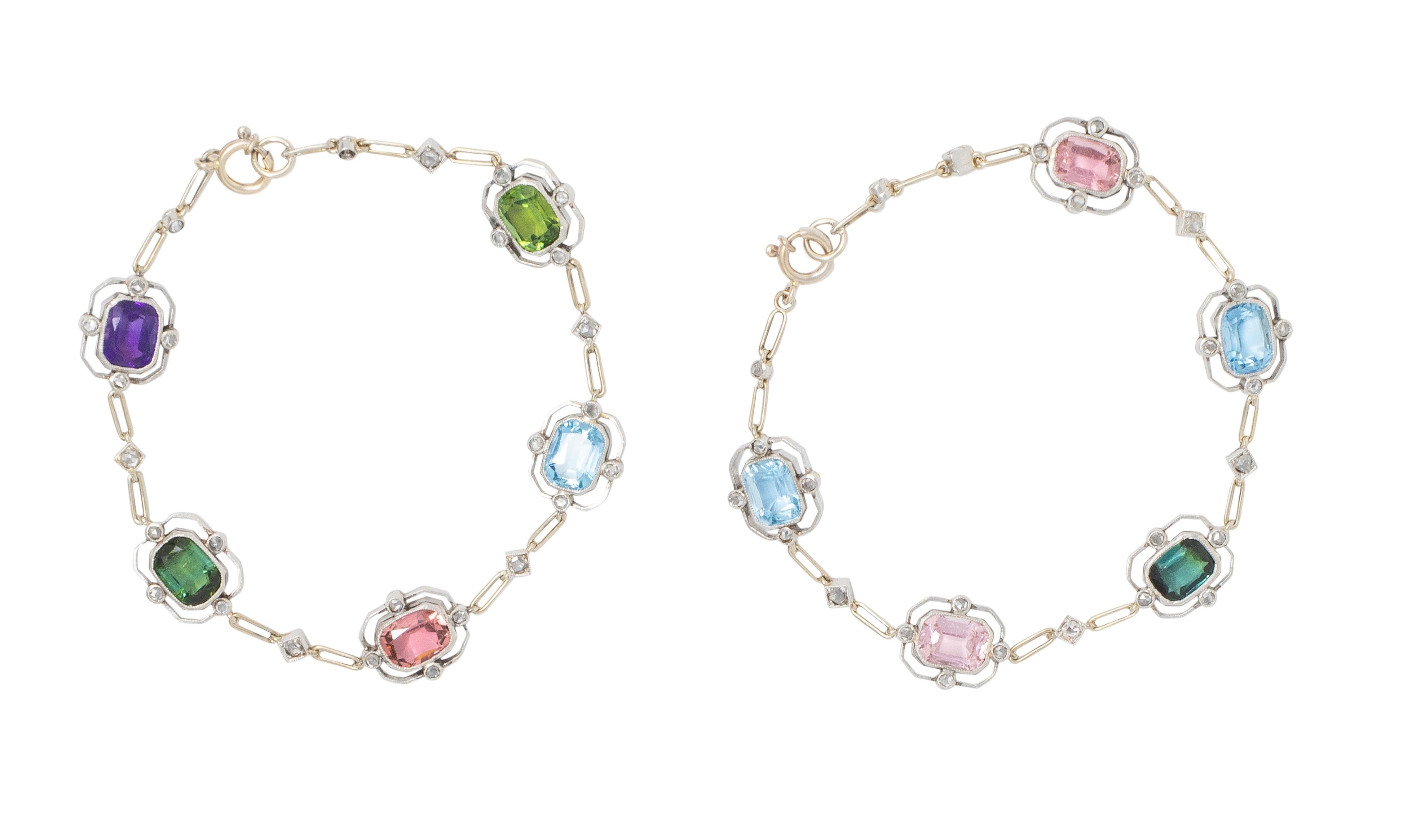 Art Deco Diamond Multi-Gem Platinum 18K Antique Quatrefoil Link Bracelet Set