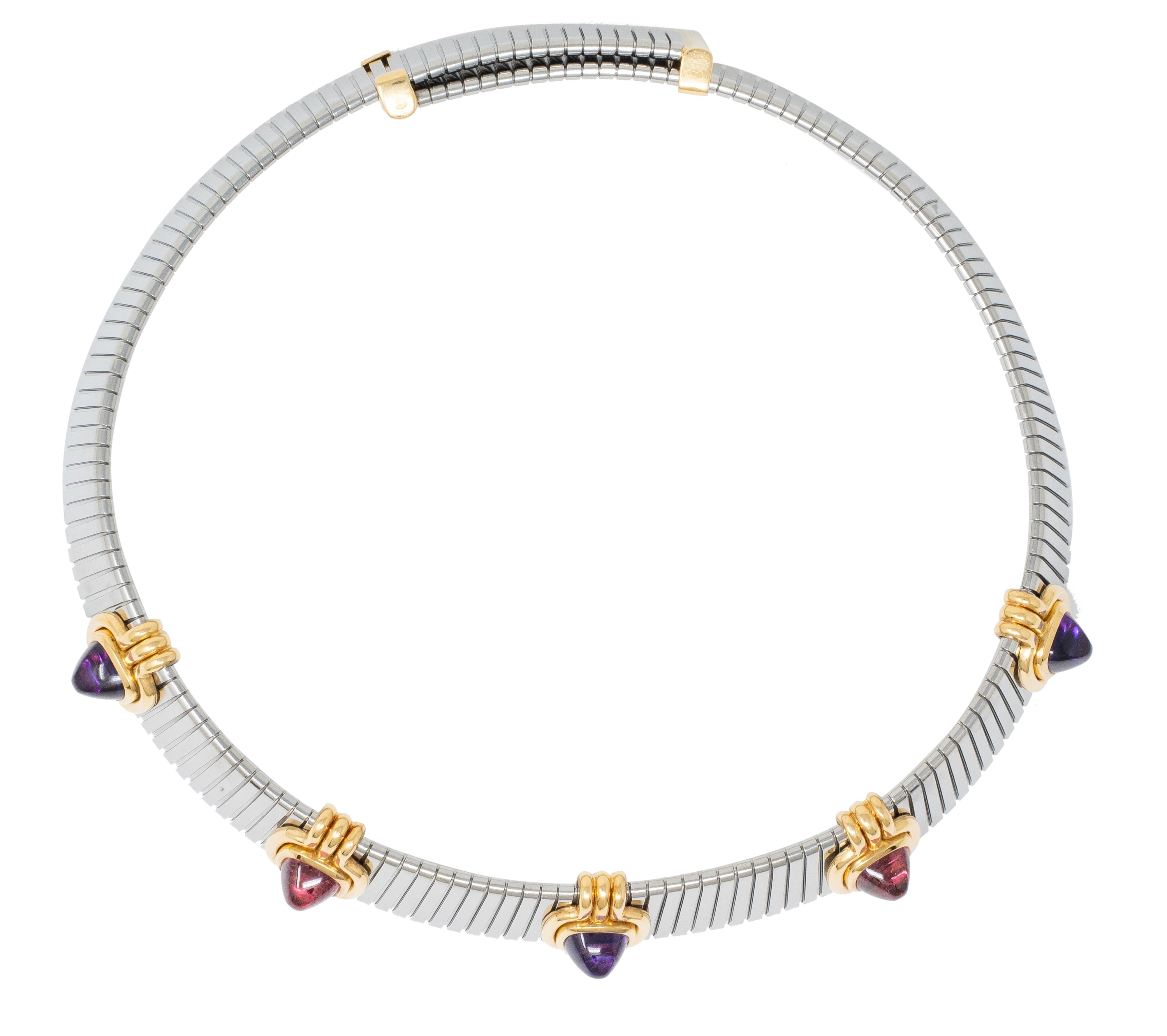 Bulgari 1980 Tourmaline Amethyst Steel 18K Gold Vintage Tubogas Collar Necklace