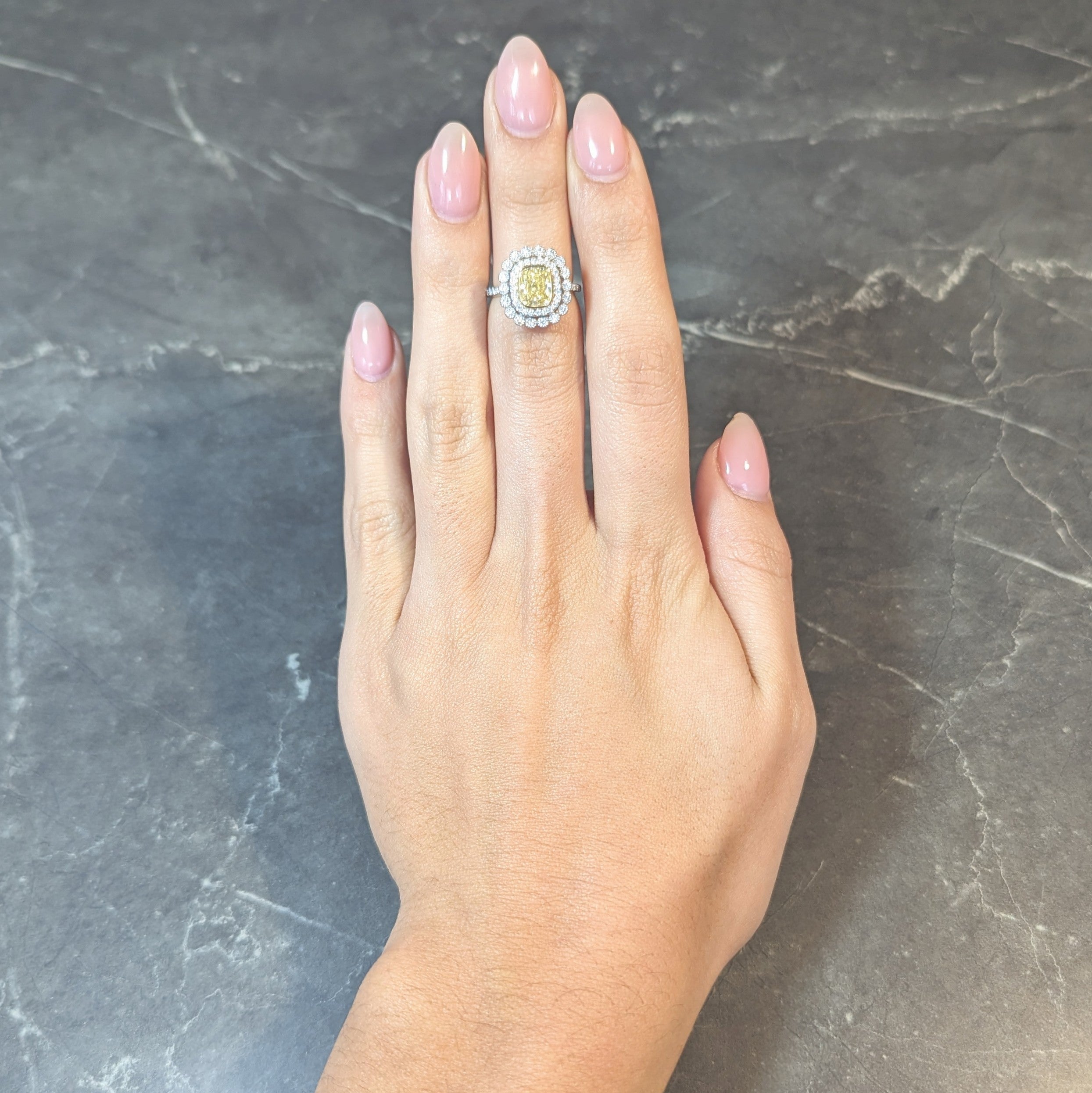 Tiffany & Co. 1.87 CTW Fancy Yellow Diamond Platinum 18 Karat Soleste Halo Ring Wilson's Estate Jewelry