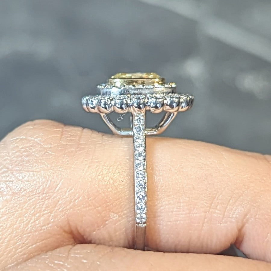 Tiffany & Co. 1.87 CTW Fancy Yellow Diamond Platinum 18 Karat Soleste Halo Ring Wilson's Estate Jewelry