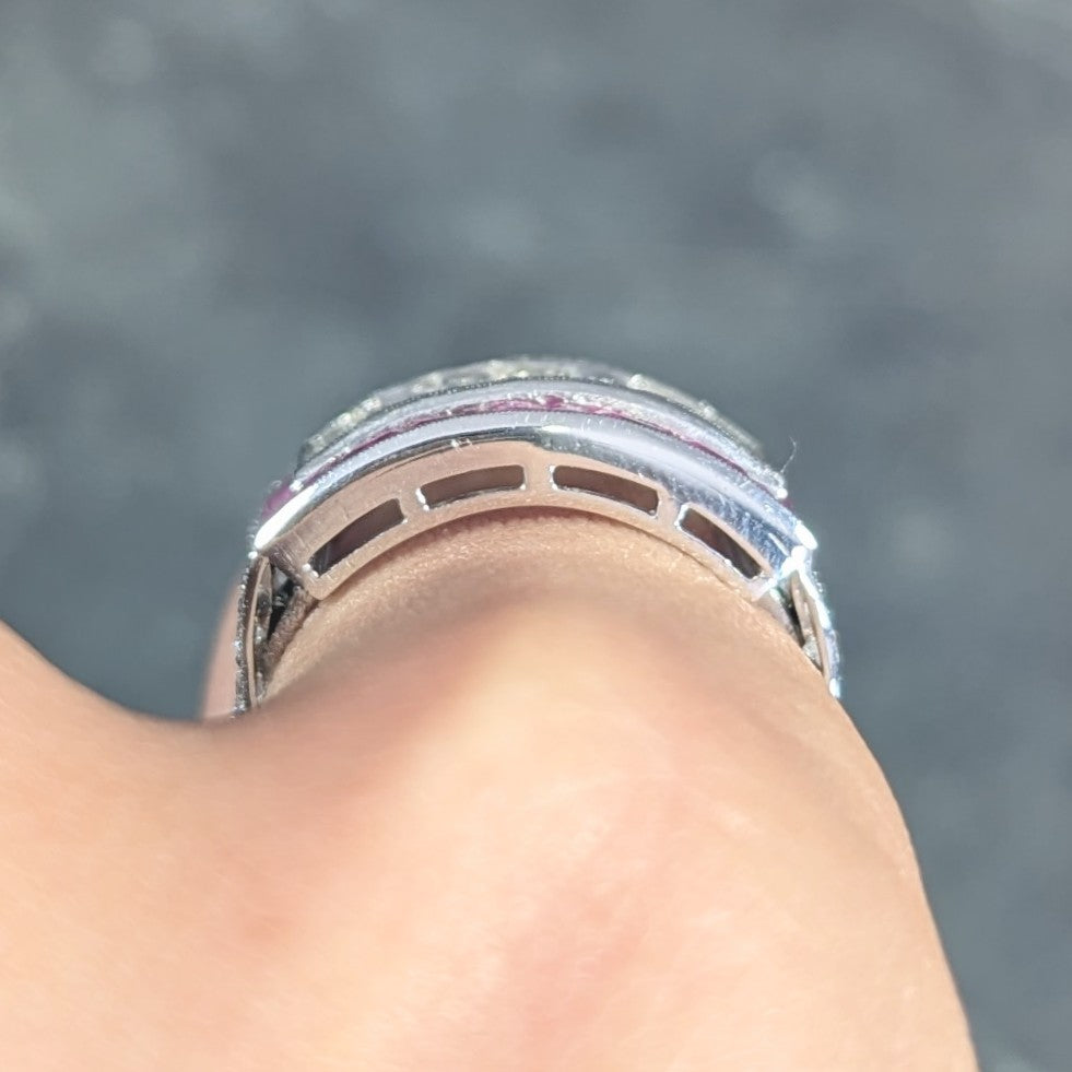 Mid-Century 5.13 CTW Baguette Diamond Ruby Platinum Floral Channel Vintage Wide Band Ring Wilson's Estate Jewelry
