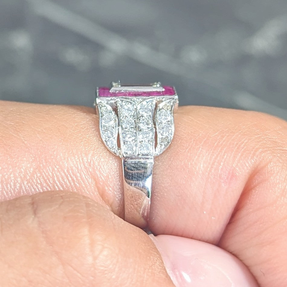 Mid-Century 5.13 CTW Baguette Diamond Ruby Platinum Floral Channel Vintage Wide Band Ring Wilson's Estate Jewelry
