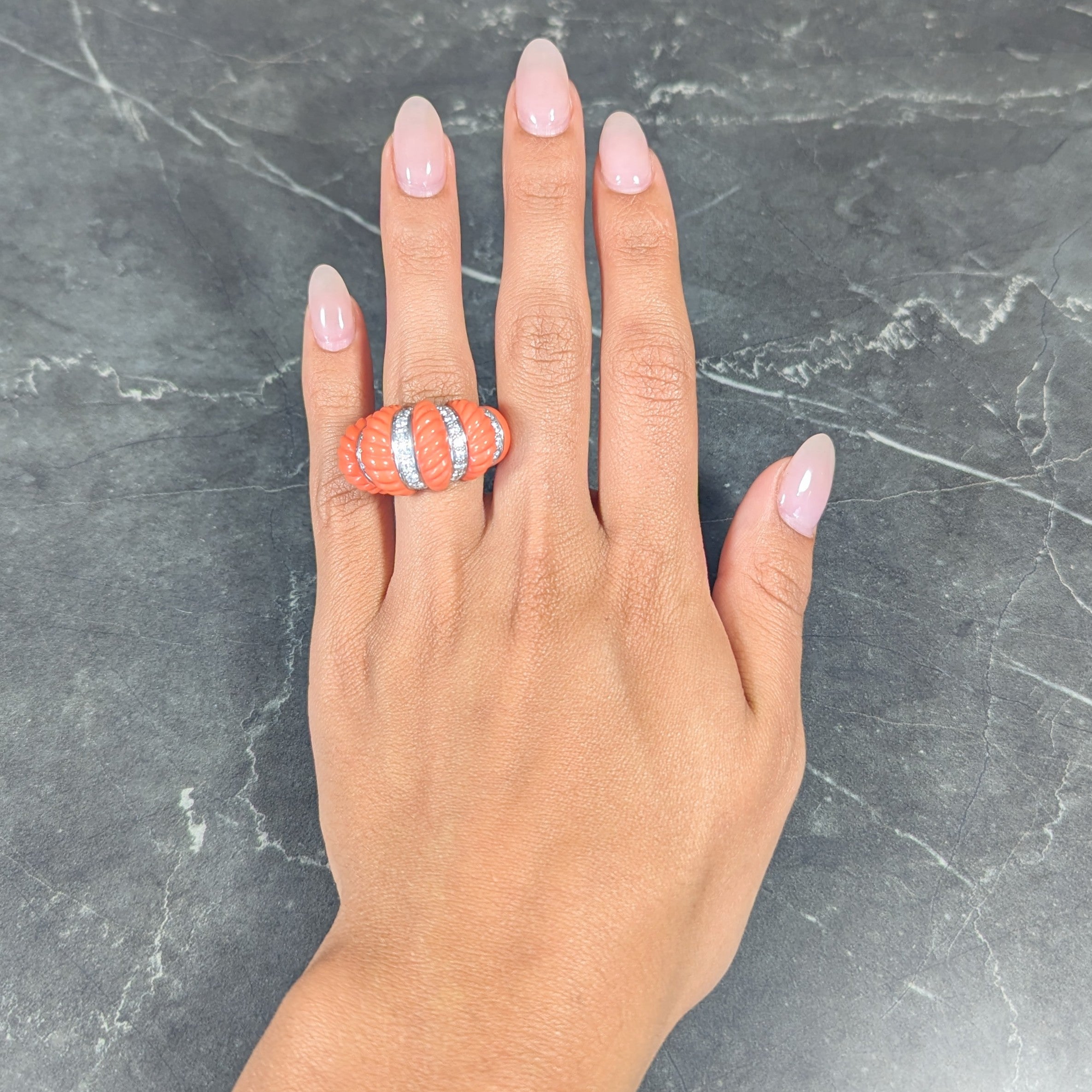 Cartier French 1.93 CTW Diamond Coral 18 Karat Gold Vintage Dome Ring Wilson's Estate Jewelry