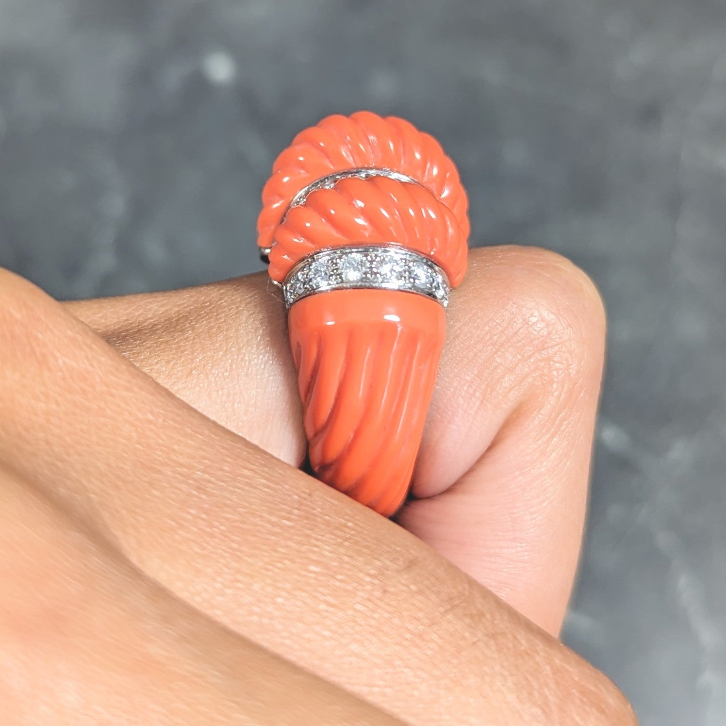 Cartier French 1.93 CTW Diamond Coral 18 Karat Gold Vintage Dome Ring Wilson's Estate Jewelry