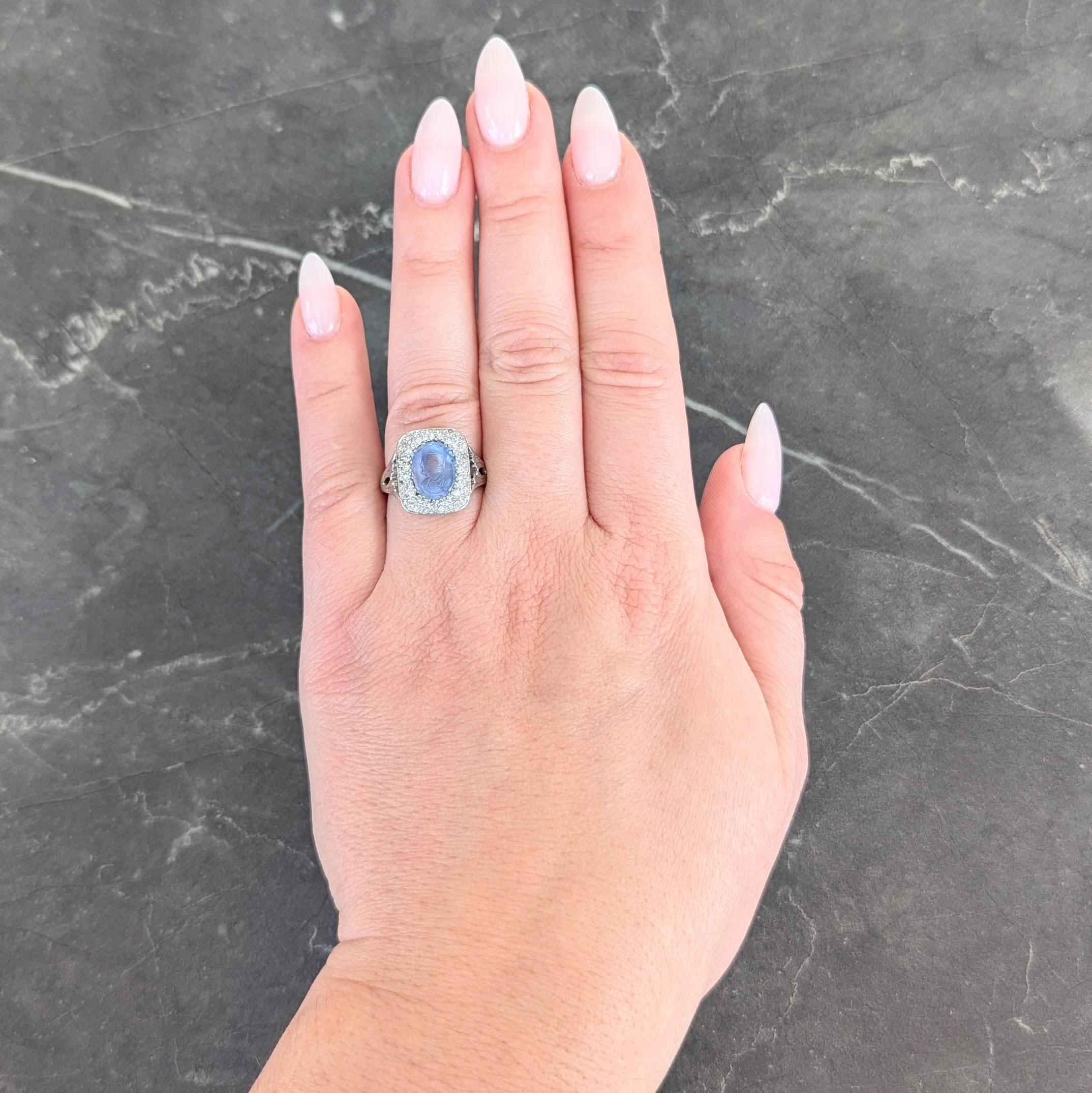 Art Deco 4.45 CTW Sapphire Diamond Platinum Antique Carved Napoleon Cameo Ring