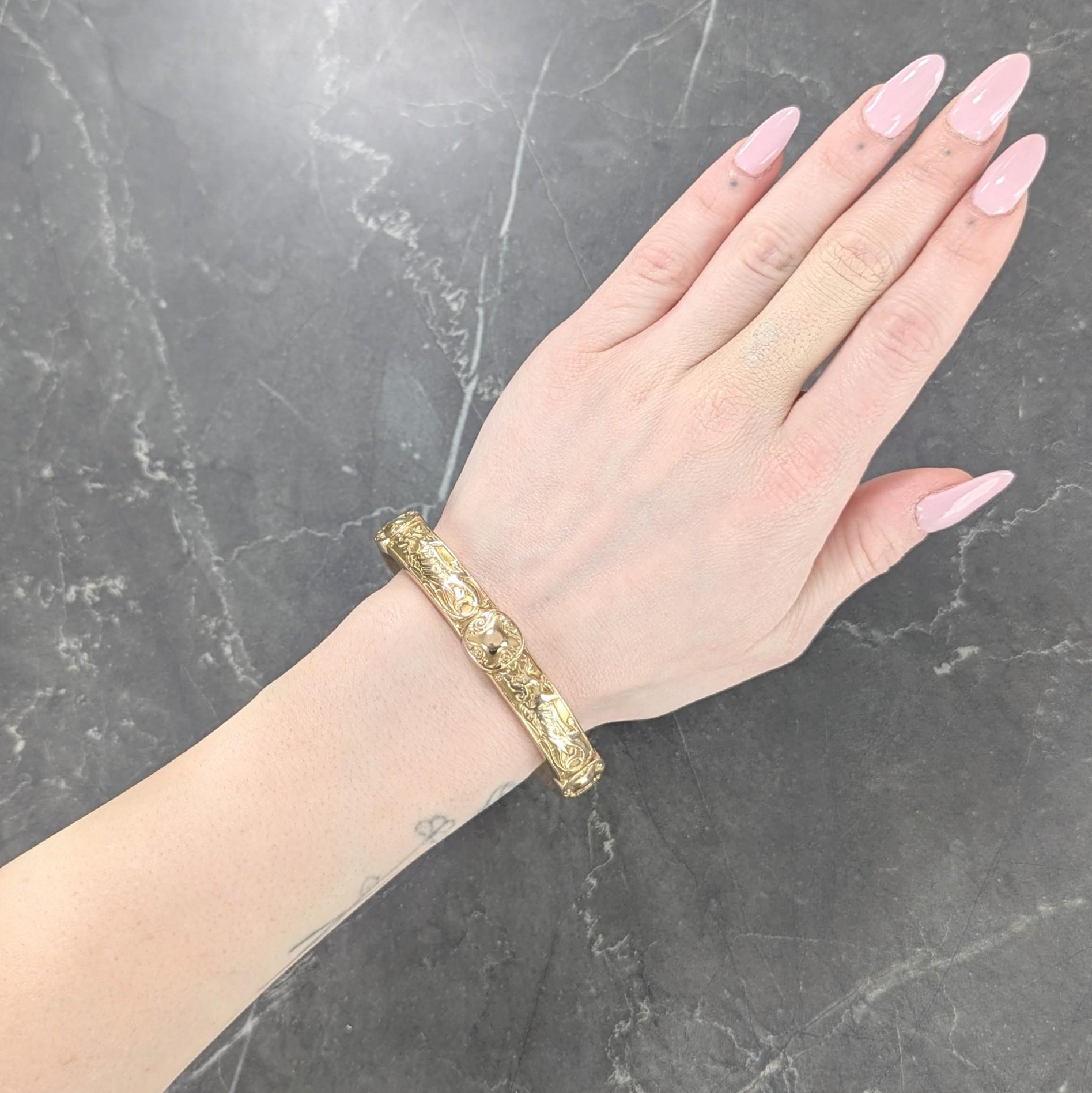 Riker Brothers 1906 Art Nouveau 14K Yellow Gold Antique Dragon Bangle Bracelet
