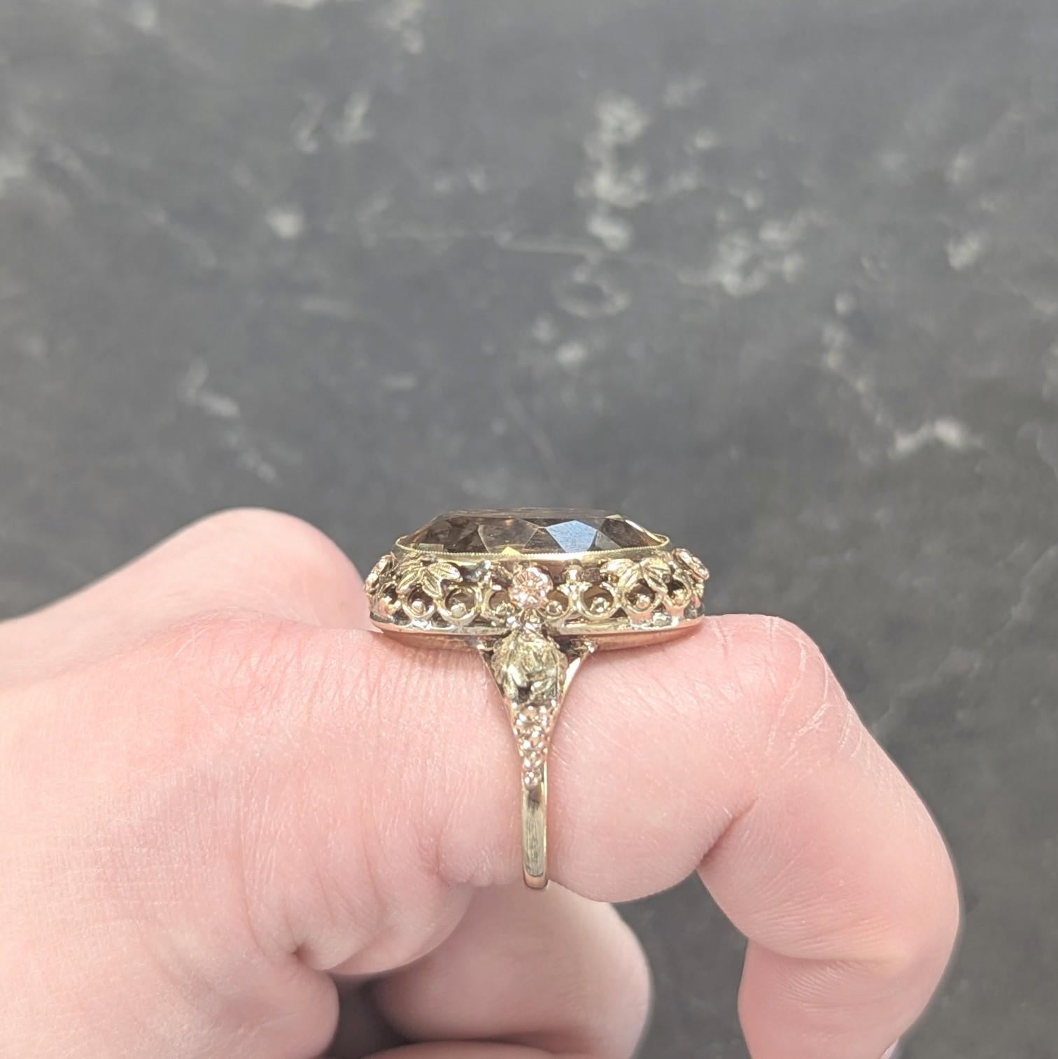 Art Deco 11.55 Citrine 14 Karat Two-Tone Gold Antique Grapevine Cocktail Ring