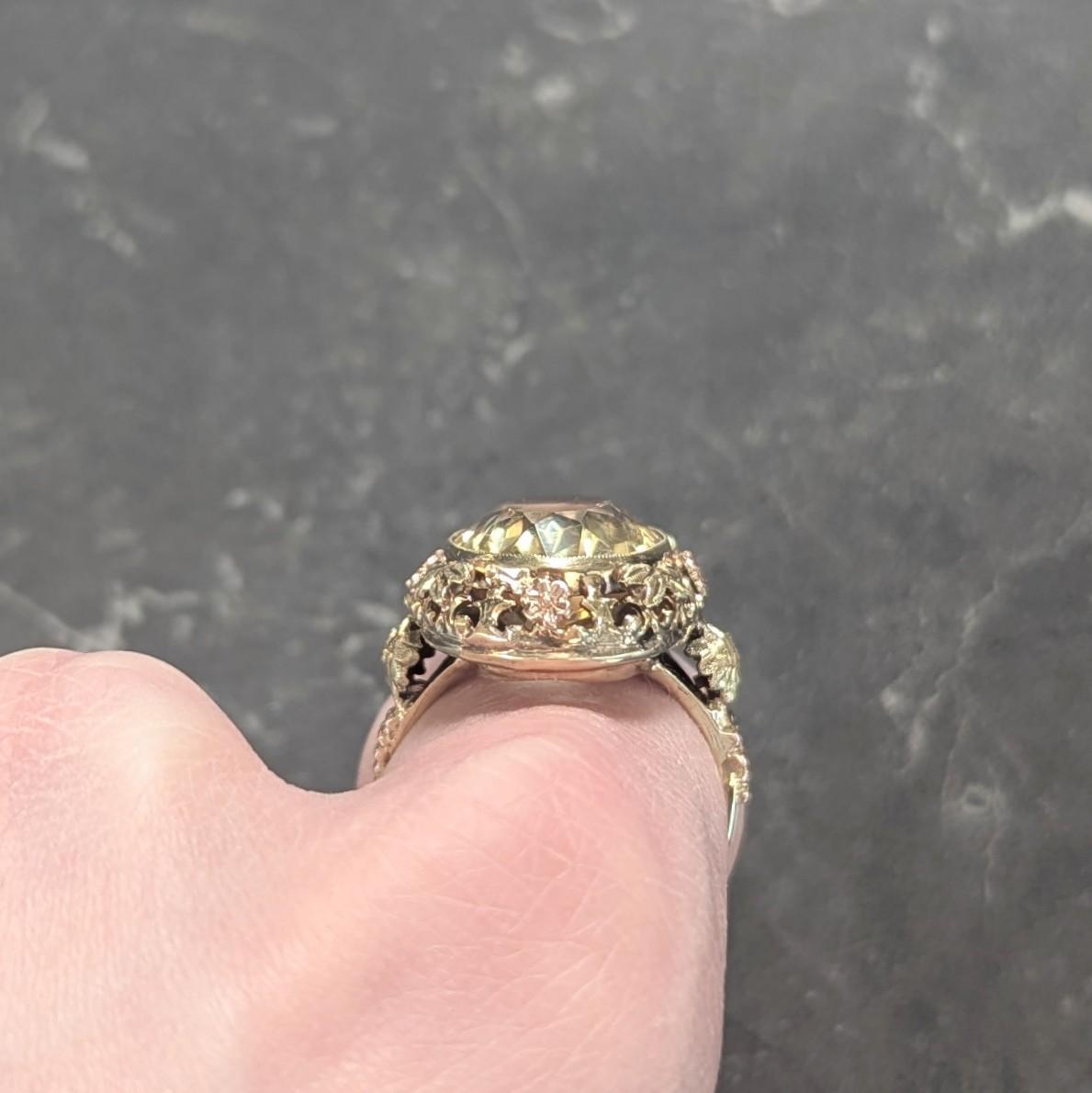 Art Deco 11.55 Citrine 14 Karat Two-Tone Gold Antique Grapevine Cocktail Ring