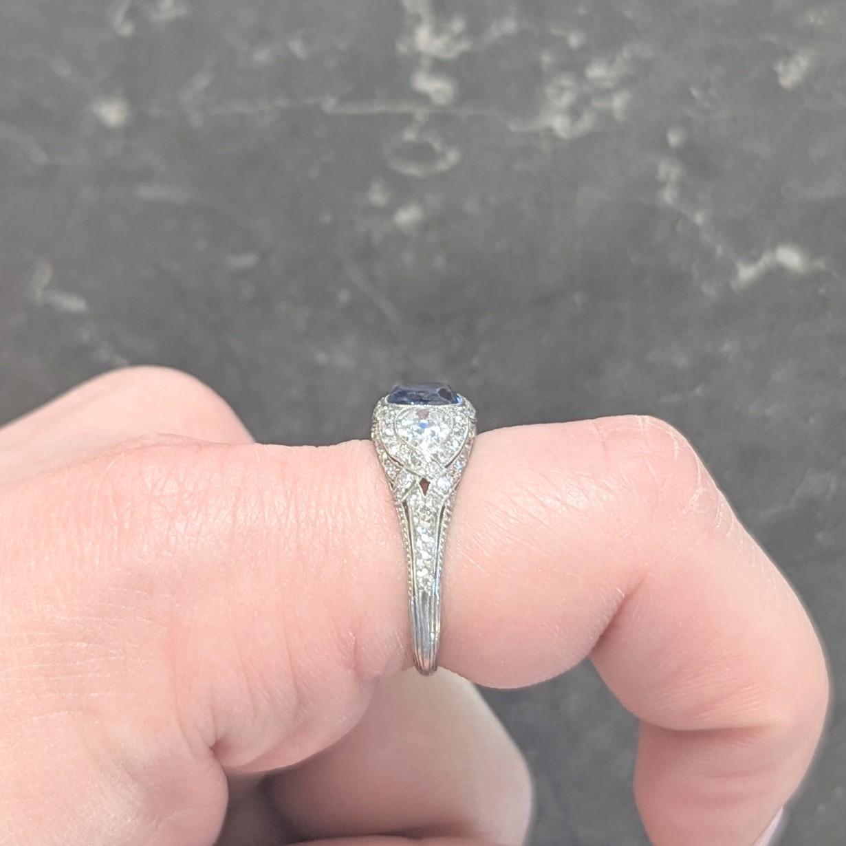 Art Deco 2.85 CTW No Heat Ceylon Sapphire Diamond Platinum Vintage Bombé Ring