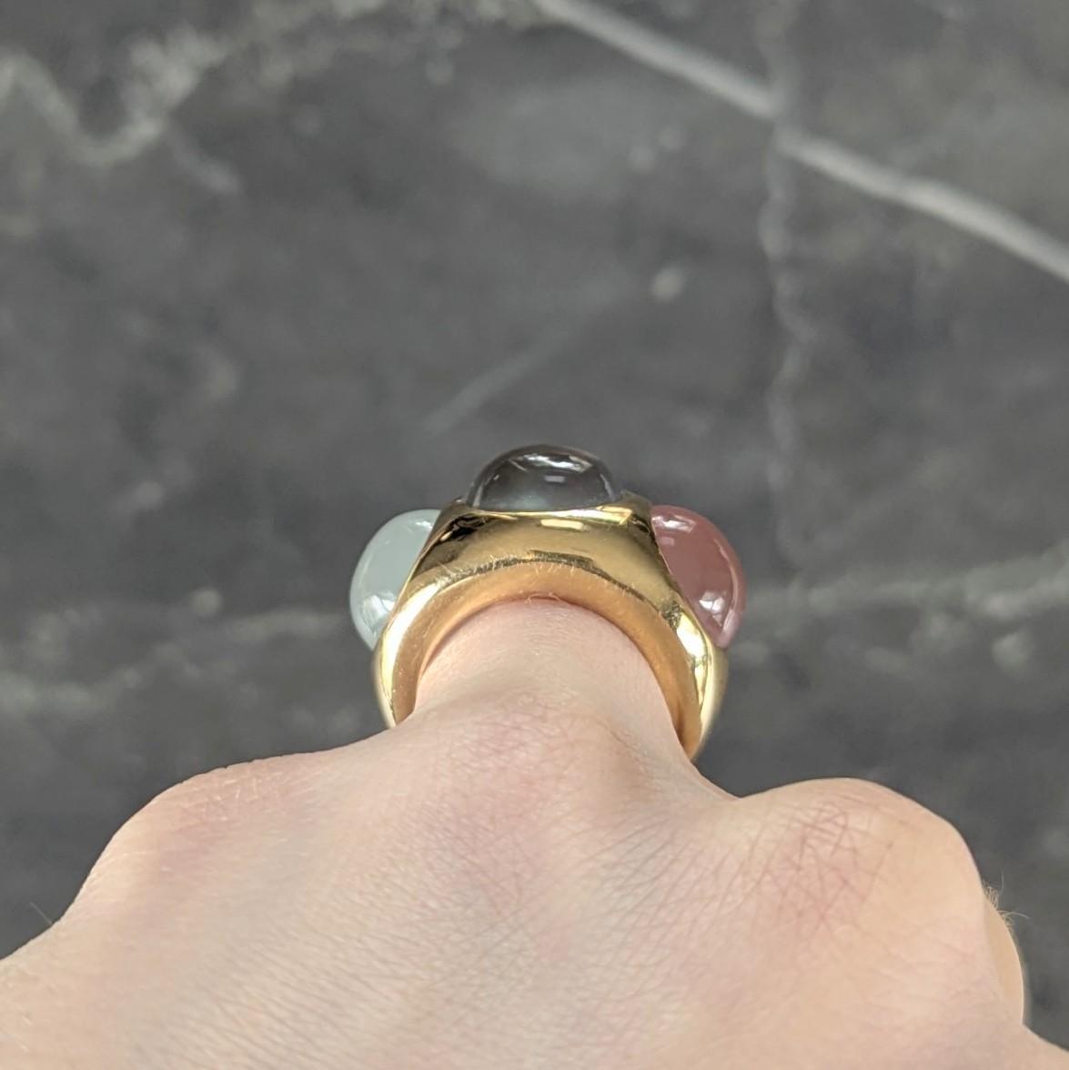 1980's Multi-Quartz 18 Karat Yellow Gold Vintage Three Stone Bubble Ring