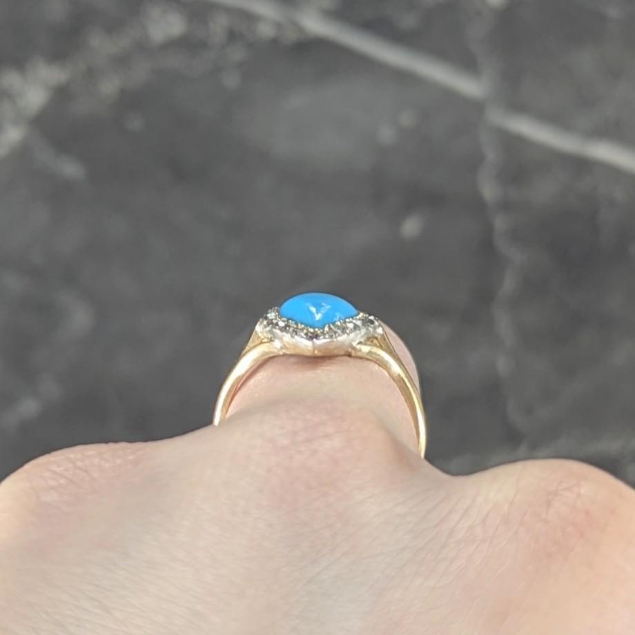 Victorian Turquoise Cabochon Diamond 18 Karat Yellow Gold Antique Heart Bow Ring