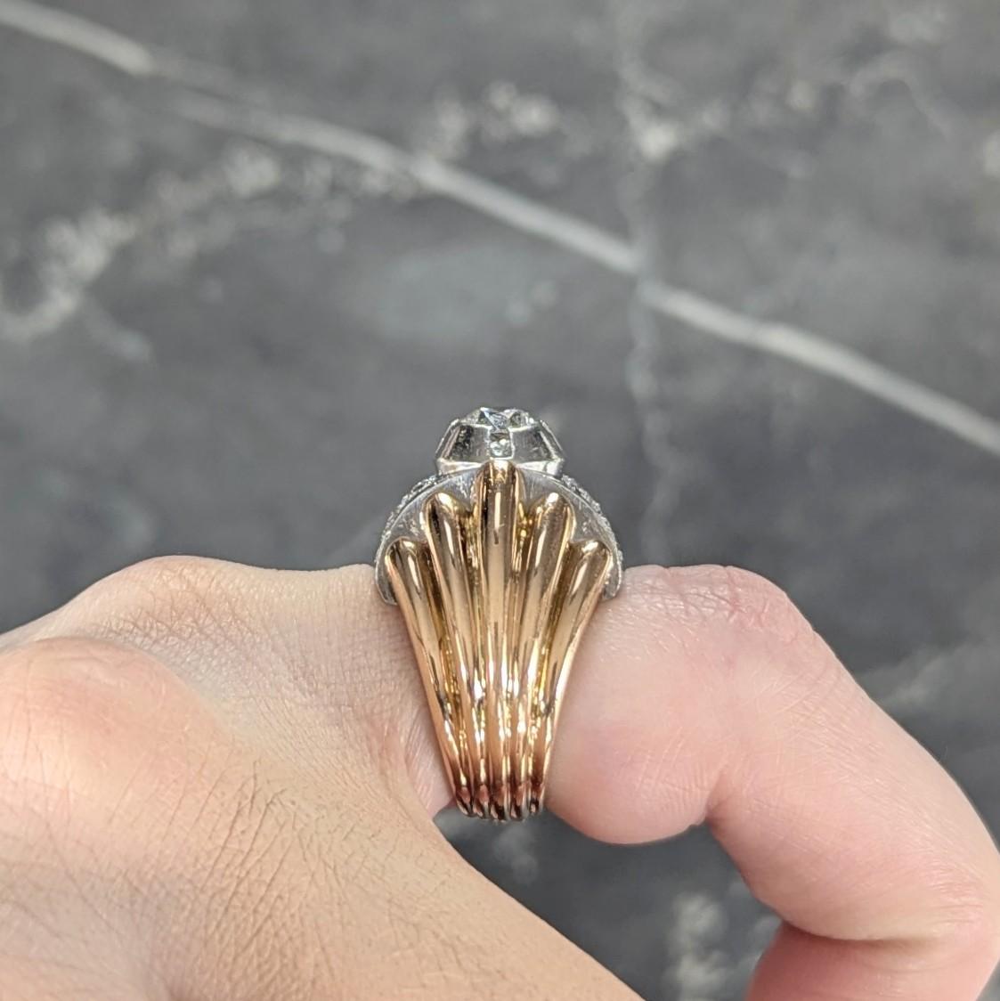 Retro French 1.65 CTW Diamond Platinum 18K Gold Vintage Domed Gadroon Ring