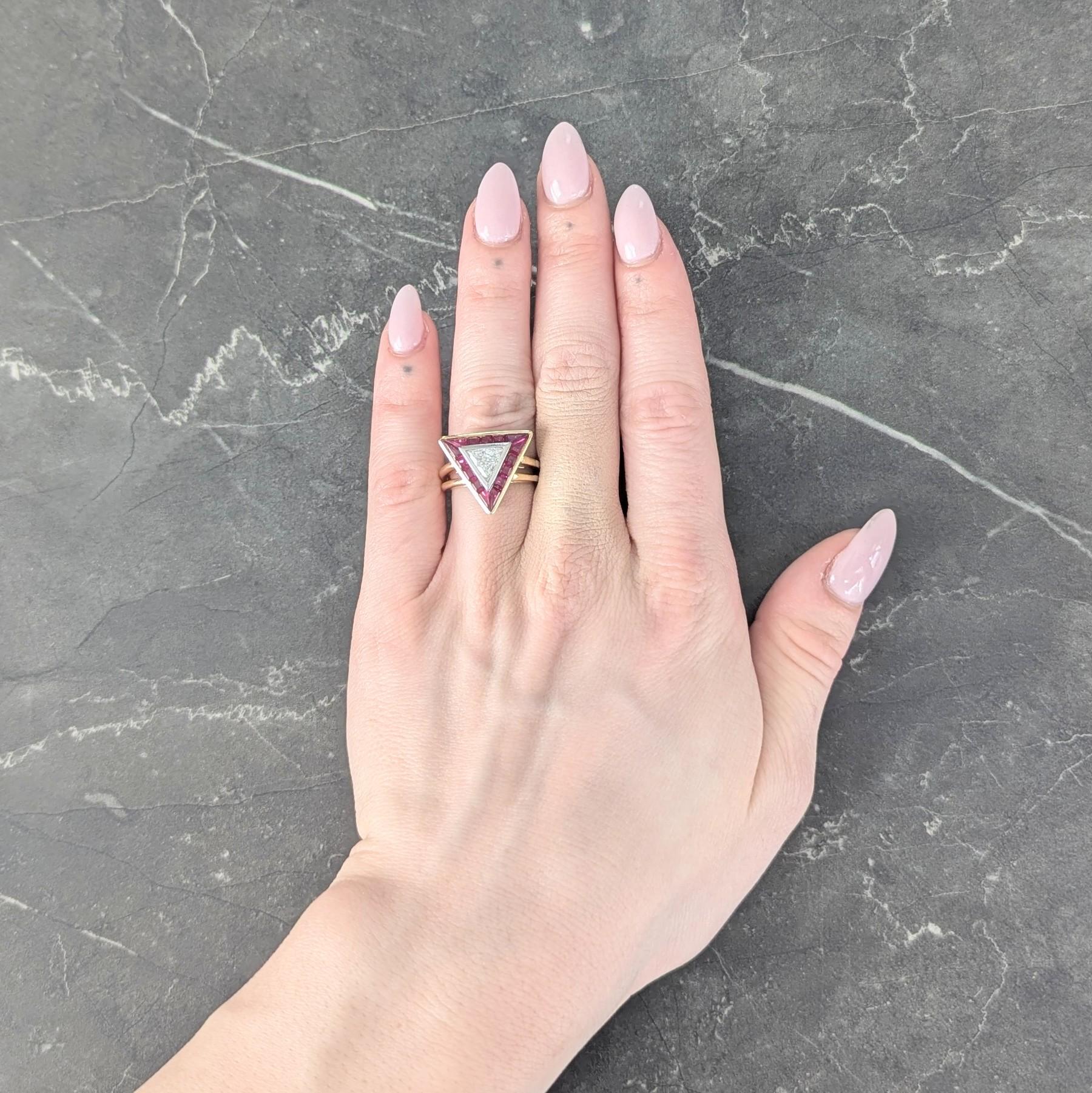 Oscar Heyman Trilliant Cut Diamond Ruby Platinum 18K Gold Triangle Halo Ring