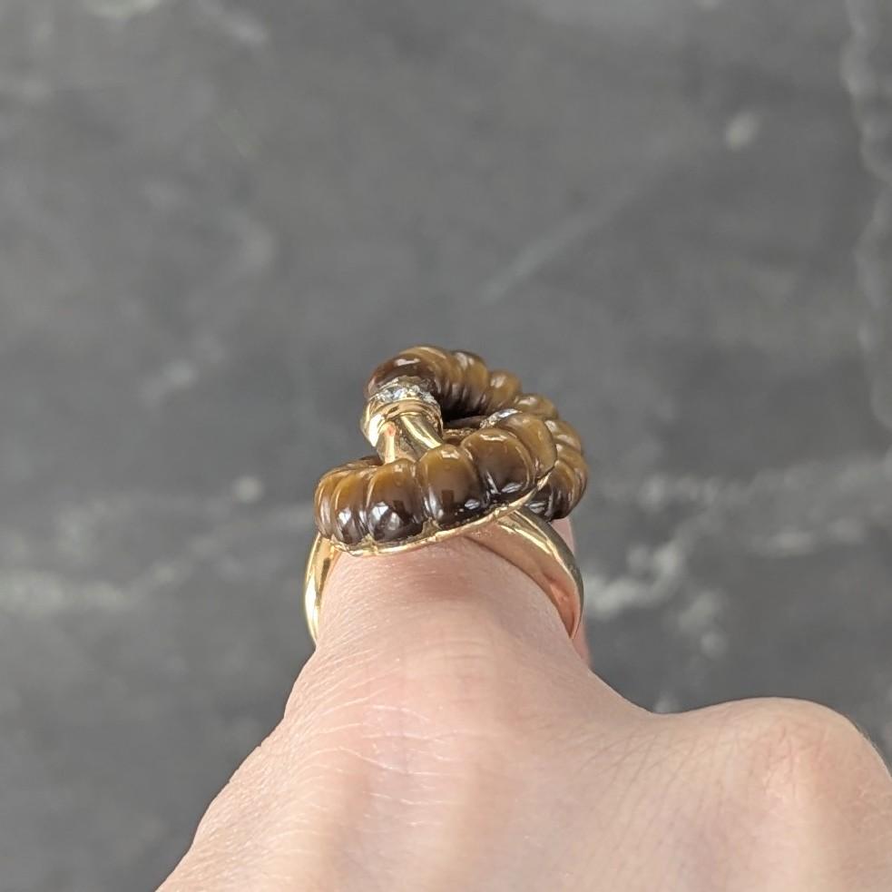 1973 French Diamond Tiger's Eye Quartz 18K Gold Interlocking Vintage Bypass Ring